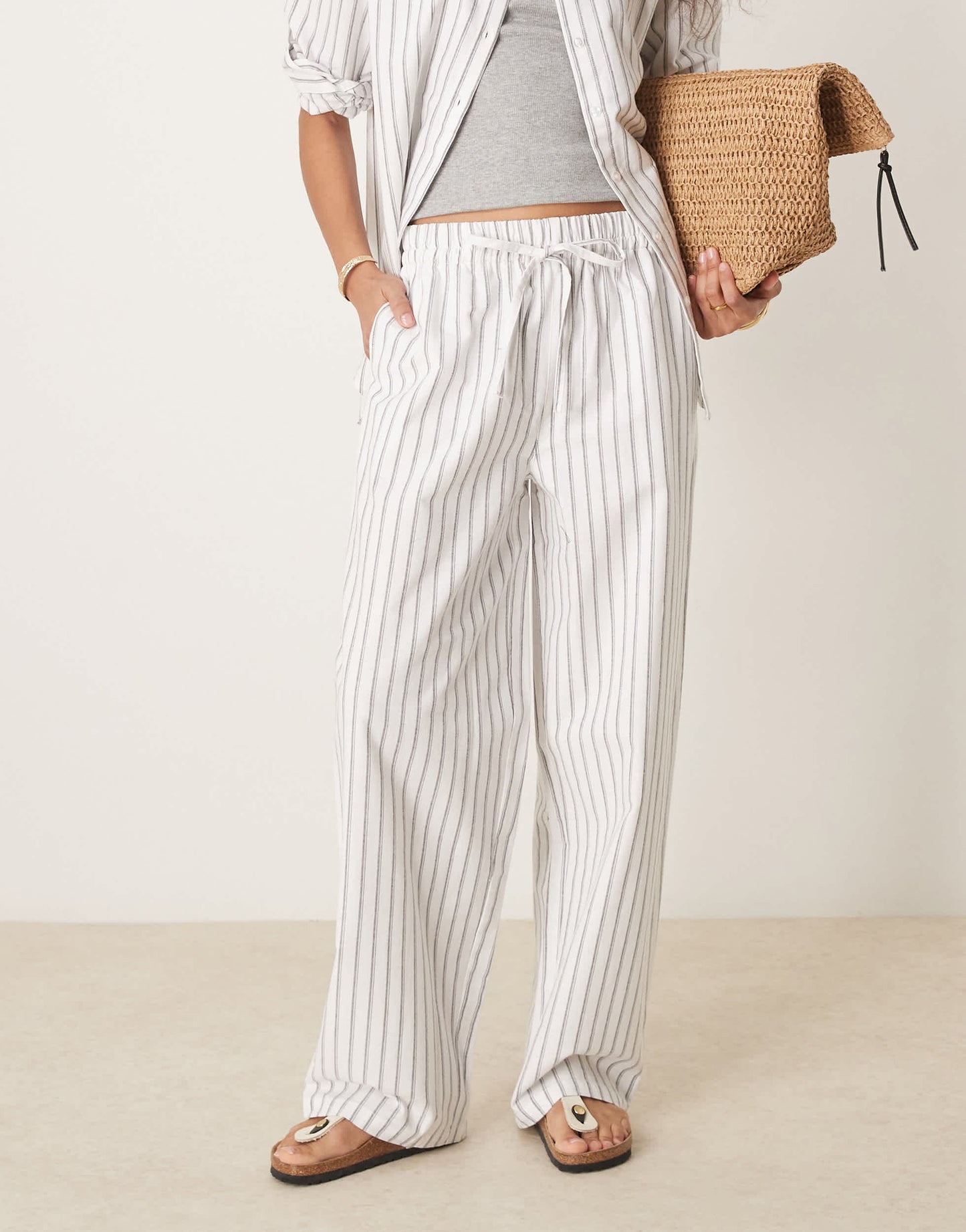 ASOS DESIGN linen look pull on trousers co-ord in black stripe