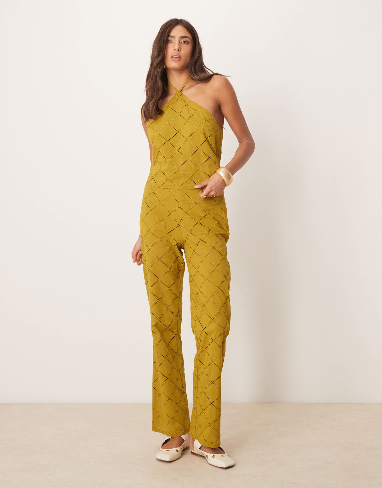 ASOS DESIGN straight leg trousers co-ord with geo cutwork in olive