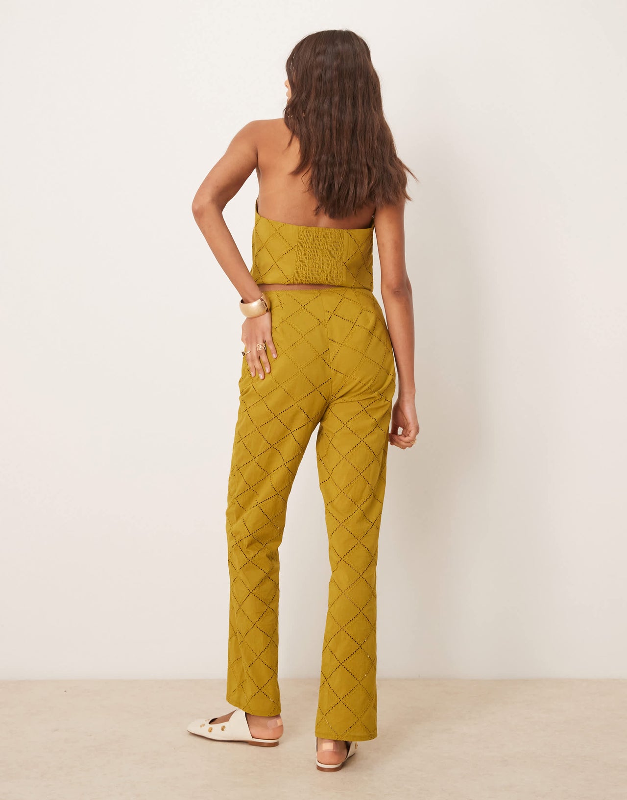 ASOS DESIGN straight leg trousers co-ord with geo cutwork in olive
