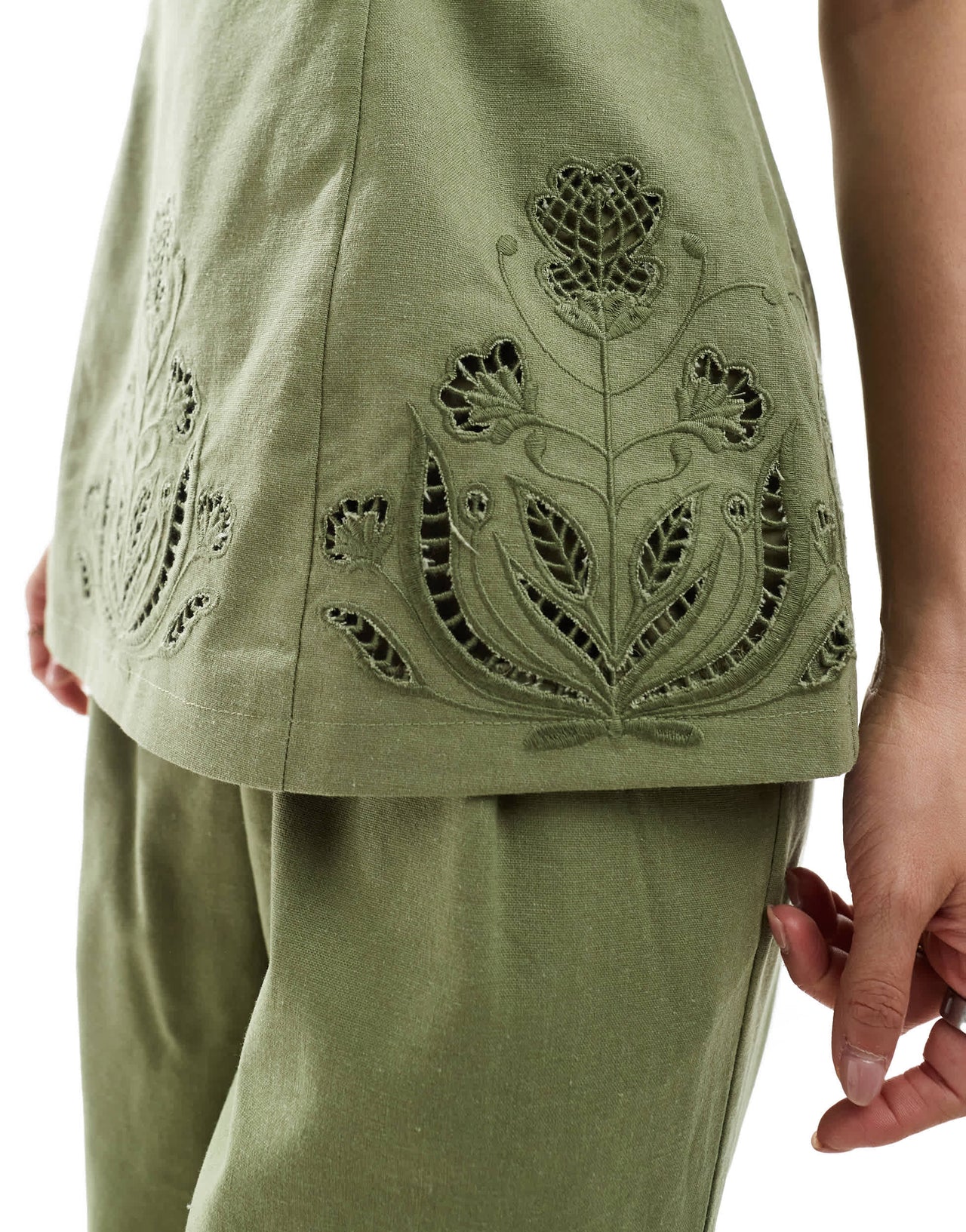 4th & Reckless linen blend flower cutwork detail longline bandeau top co-ord in olive green