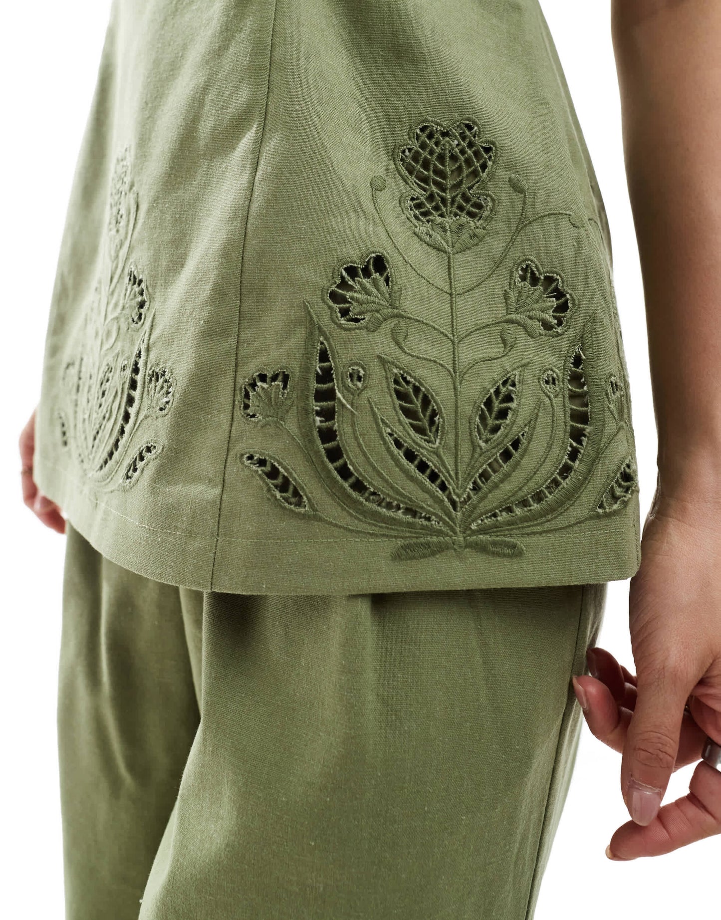 4th & Reckless linen blend flower cutwork detail longline bandeau top co-ord in olive green