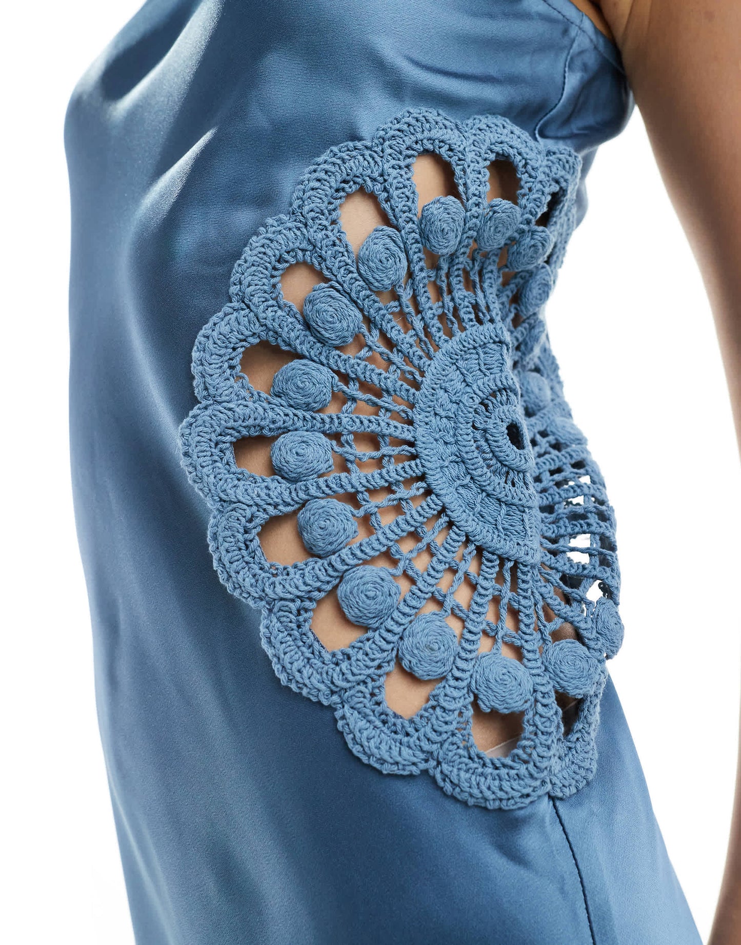 4th & Reckless satin racer neck crochet insert maxi dress in blue