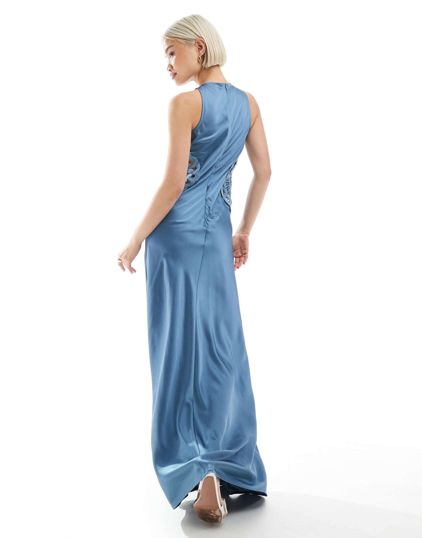 4th & Reckless satin racer neck crochet insert maxi dress in blue