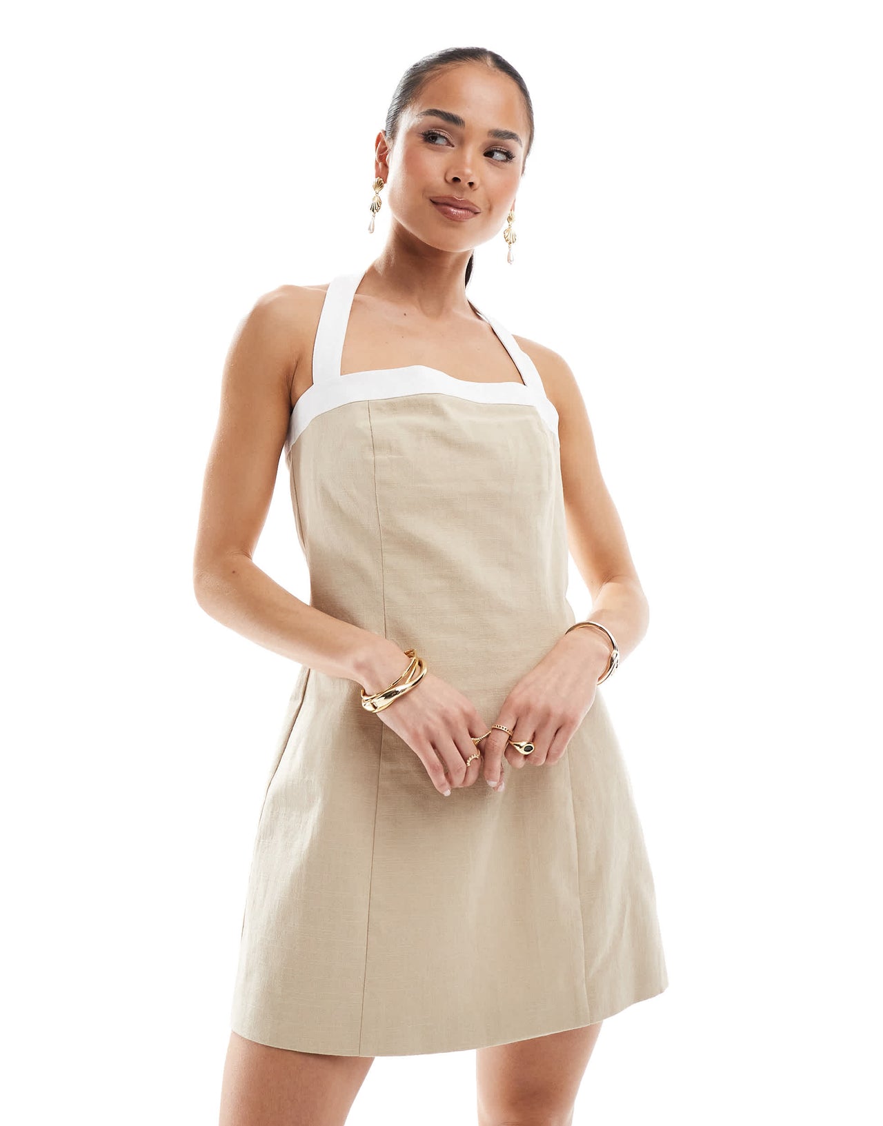 4th & Reckless linen look contrast edge halterneck mini dress in beige
