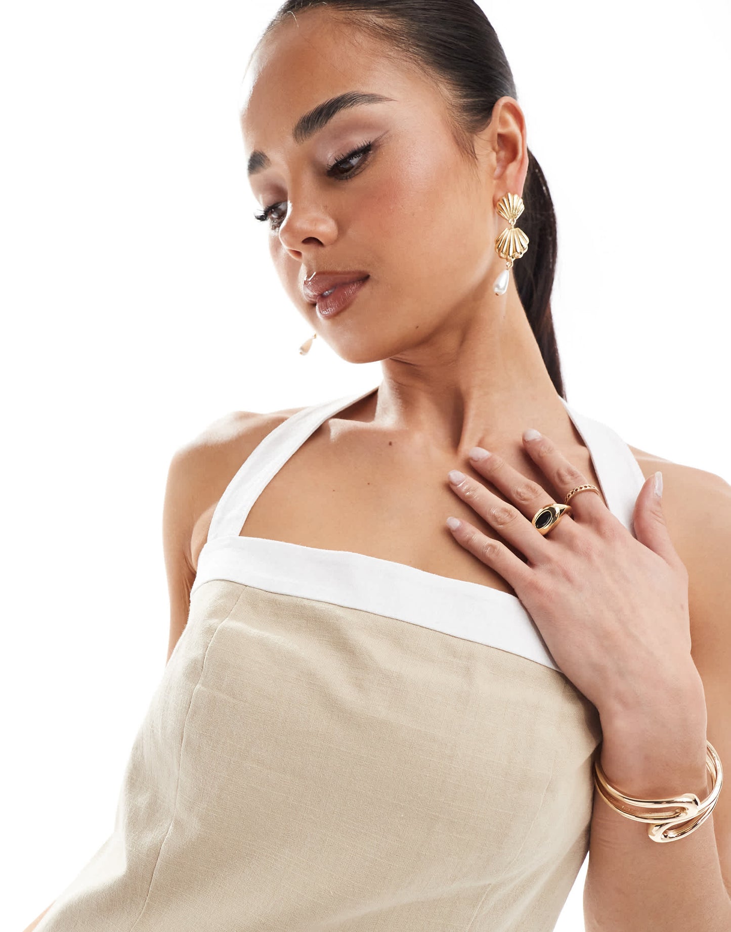 4th & Reckless linen look contrast edge halterneck mini dress in beige