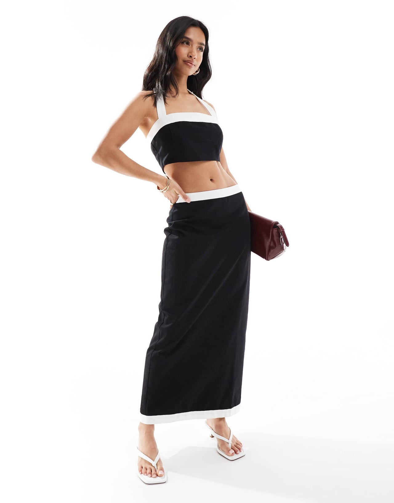 4th & Reckless Petite linen look contrast edge maxi skirt co-ord in mono
