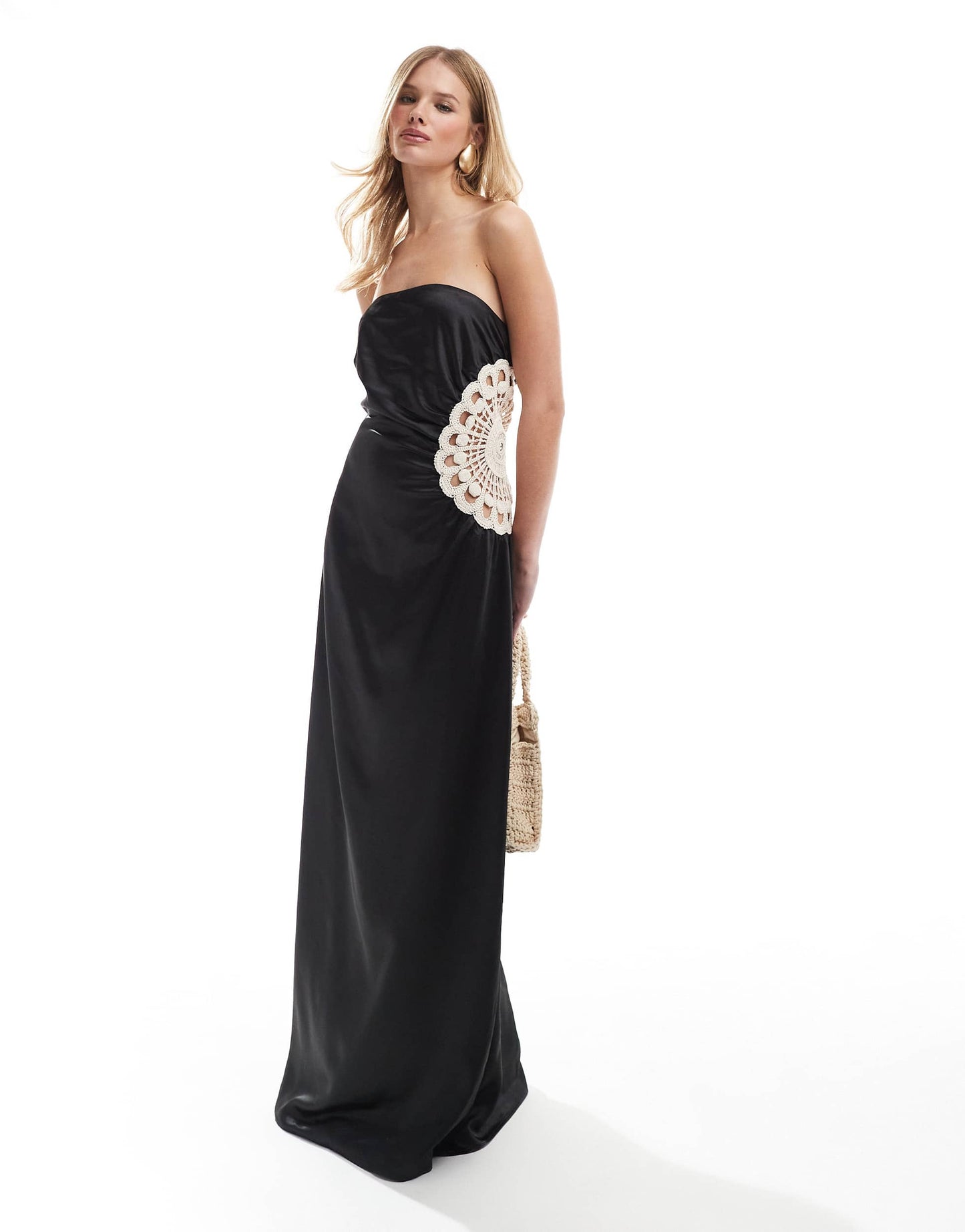 4th & Reckless satin bandeau crochet insert maxi dress in black