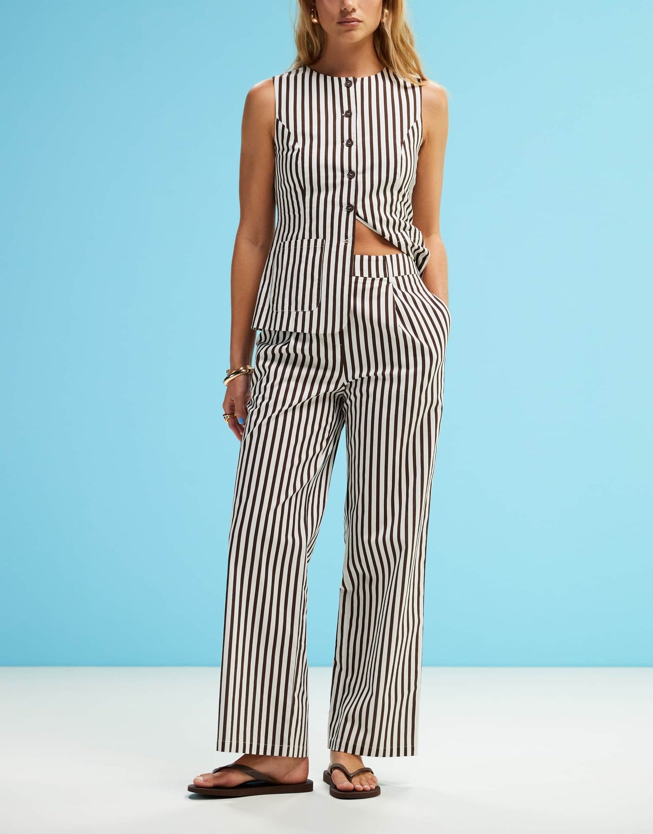 4th & Reckless tailored straight leg trousers co-ord in brown stripe