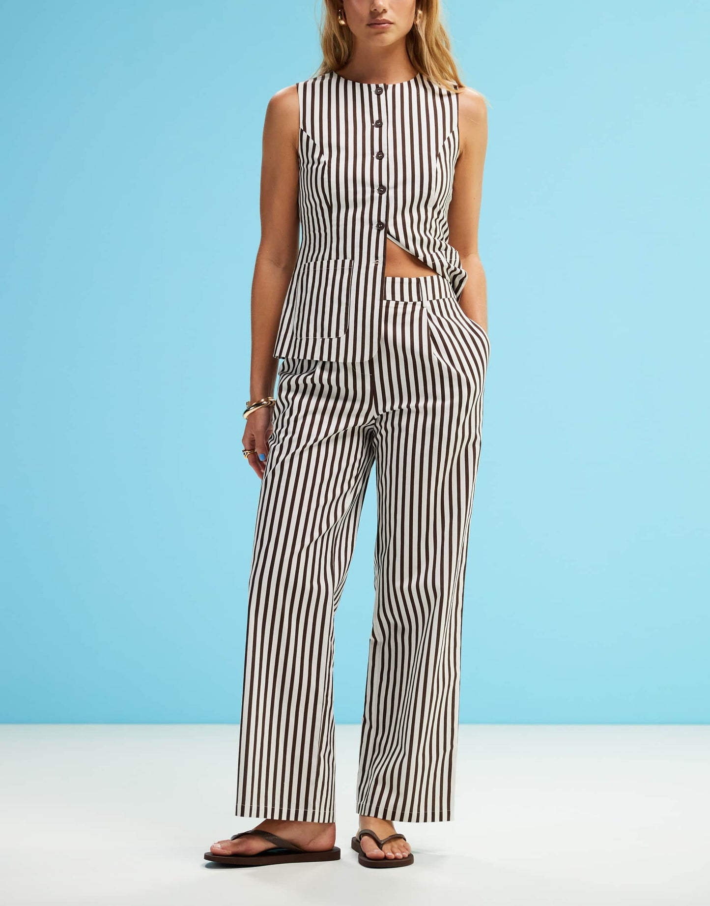 4th & Reckless tailored straight leg trousers co-ord in brown stripe