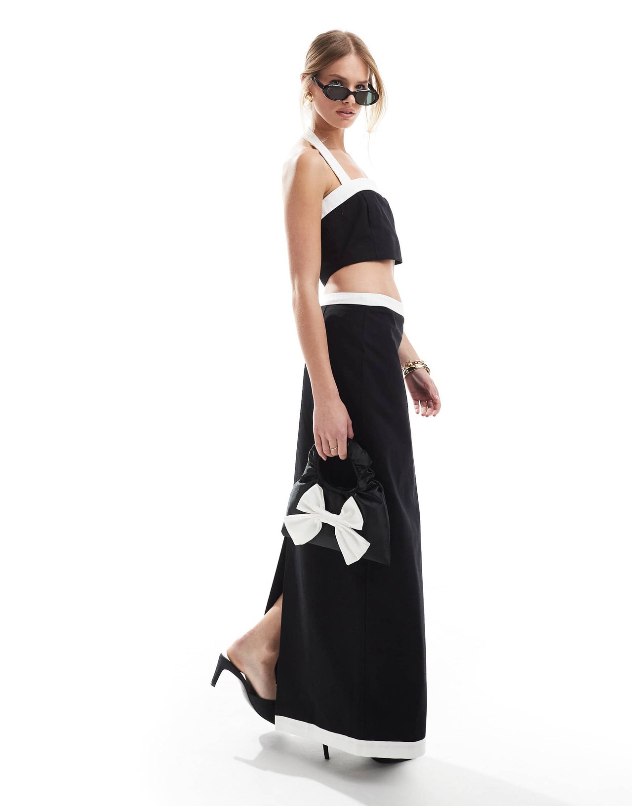 4th & Reckless linen look contrast edge maxi skirt co-ord in mono