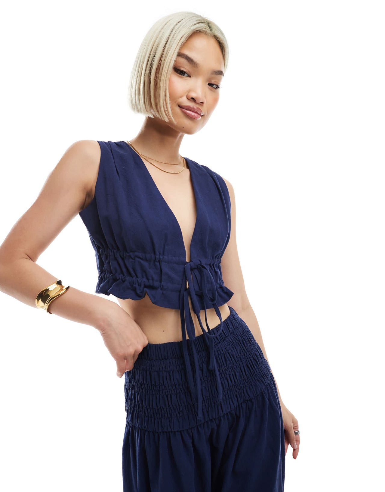 4th & Reckless linen look cropped tie front waistcoat co-ord in navy