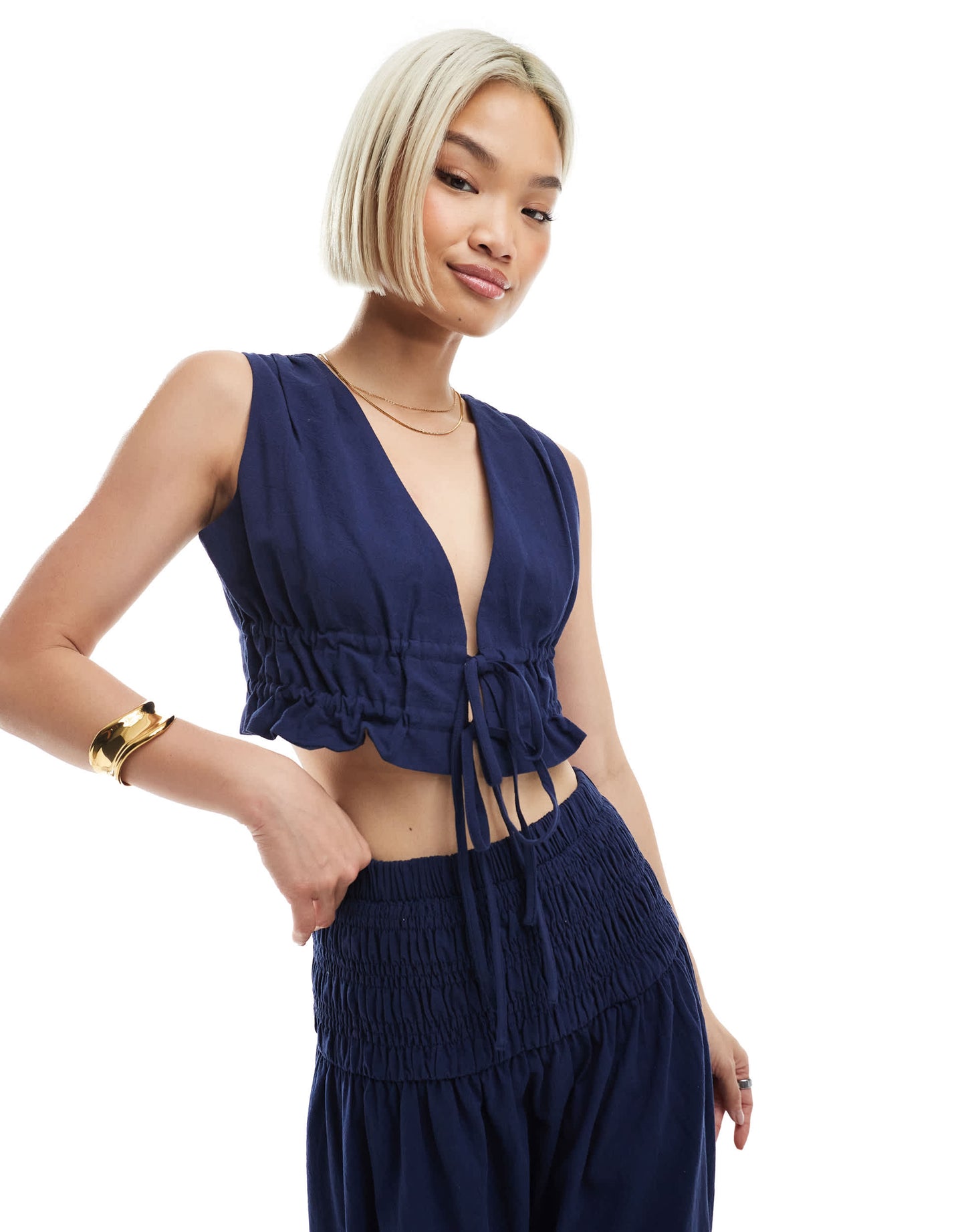 4th & Reckless linen look cropped tie front waistcoat co-ord in navy