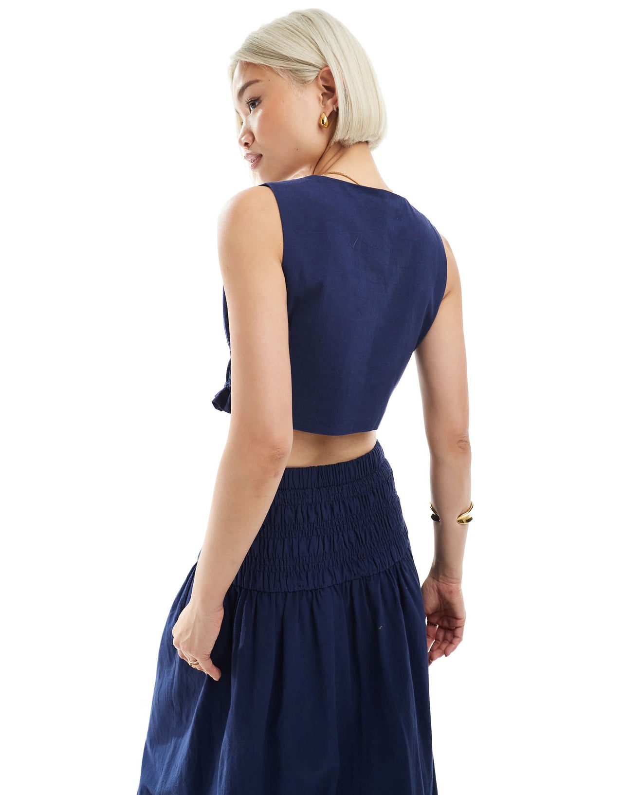 4th & Reckless linen look cropped tie front waistcoat co-ord in navy