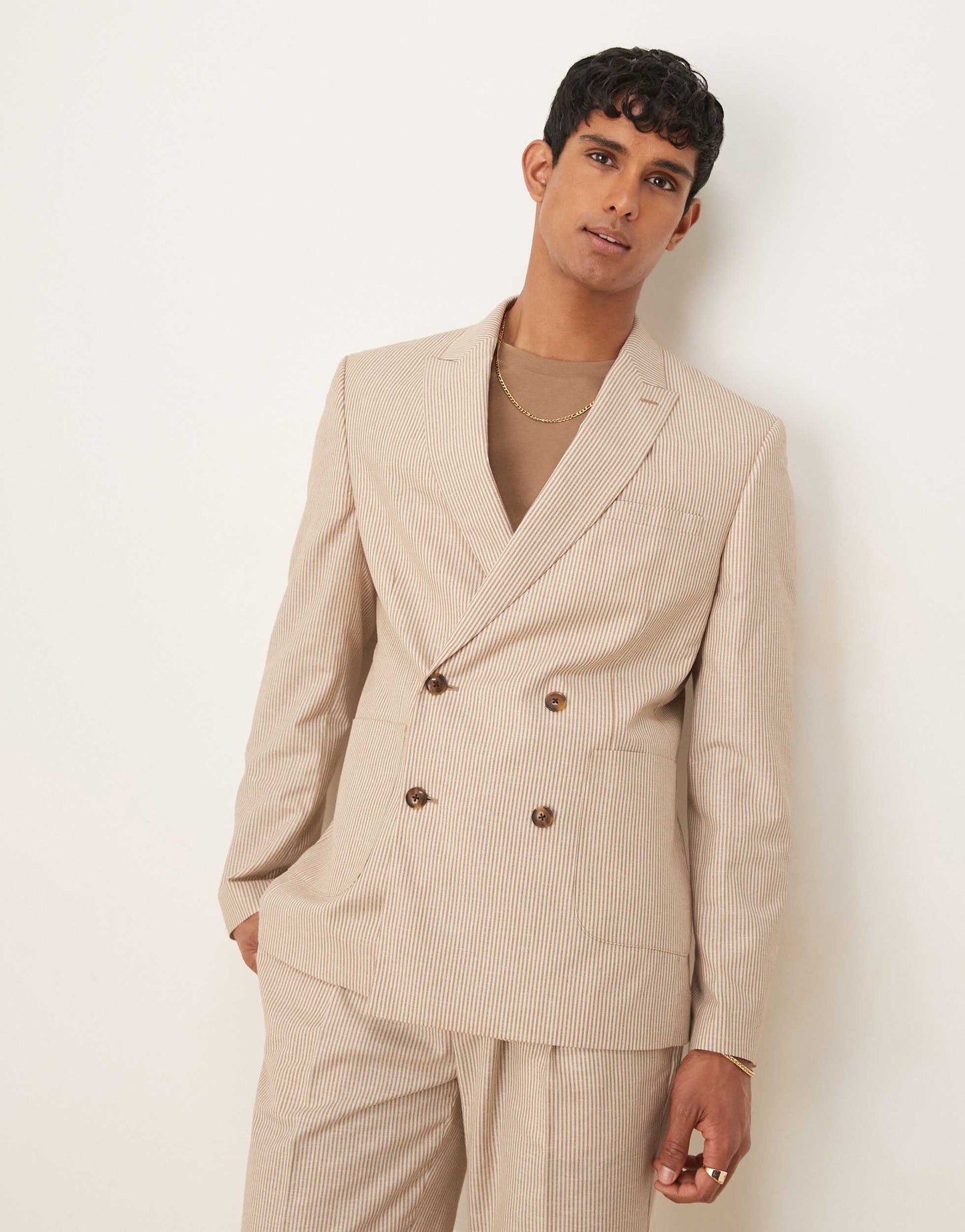 ASOS DESIGN linen slim suit jacket in stone stripe