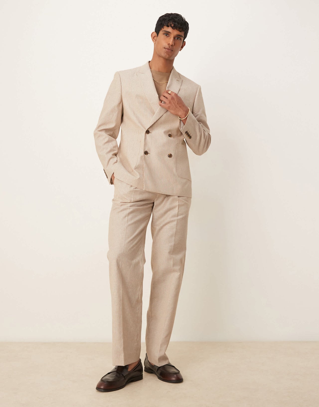 ASOS DESIGN linen slim suit jacket in stone stripe