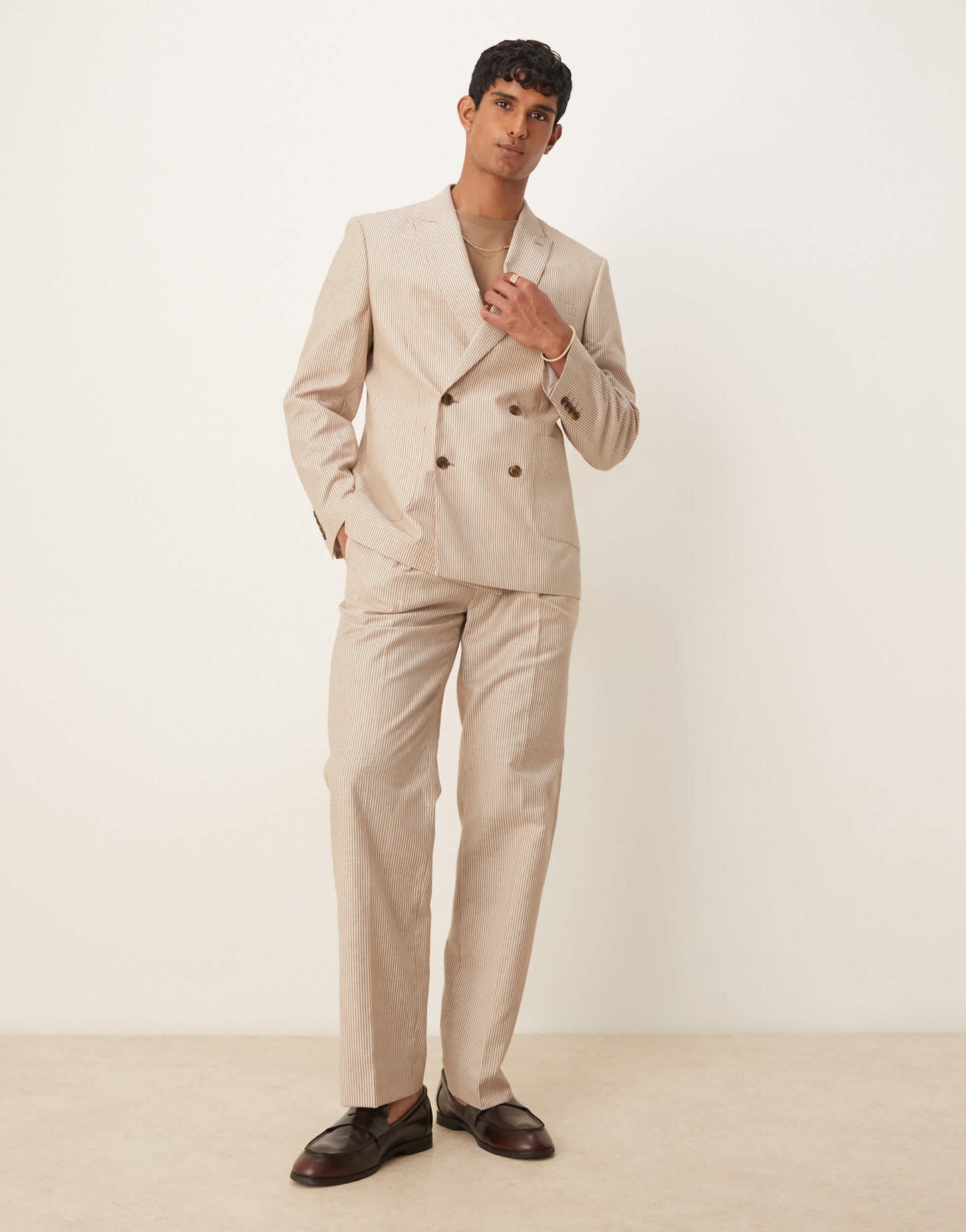 ASOS DESIGN linen slim suit jacket in stone stripe