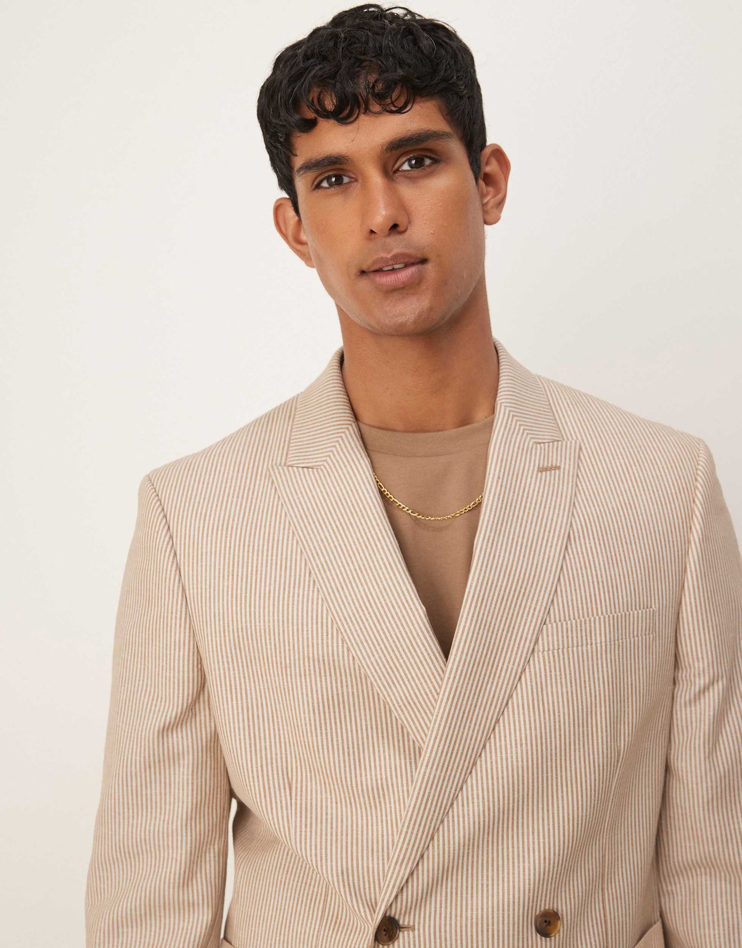ASOS DESIGN linen slim suit jacket in stone stripe