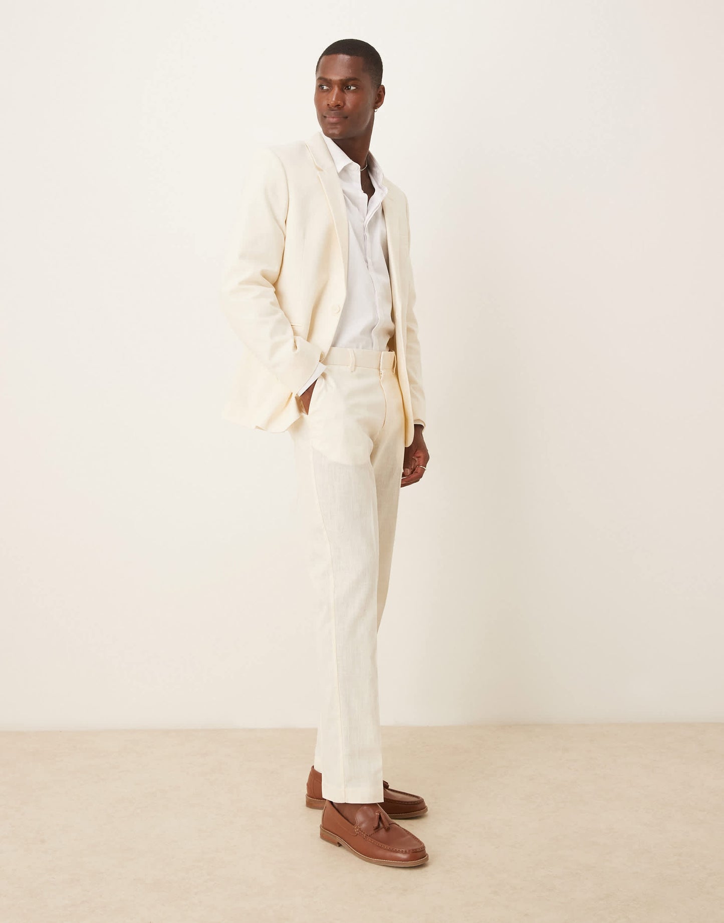 ASOS DESIGN linen look slim suit trousers with front pleat in ecru