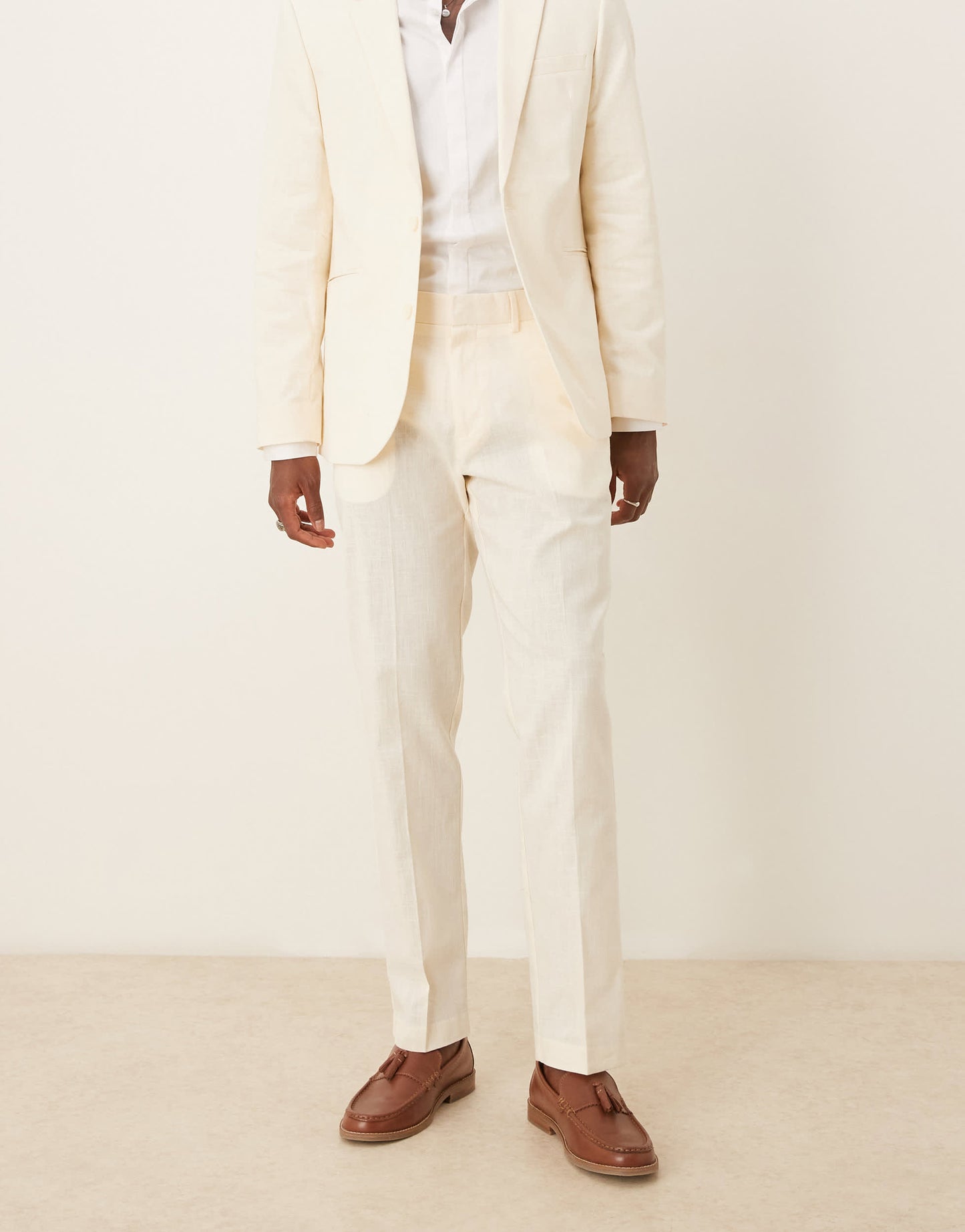 ASOS DESIGN linen look slim suit trousers with front pleat in ecru