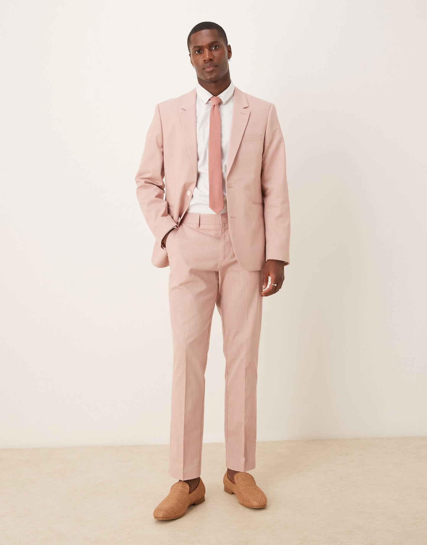 ASOS DESIGN linen look slim suit trousers with front pleat in pink