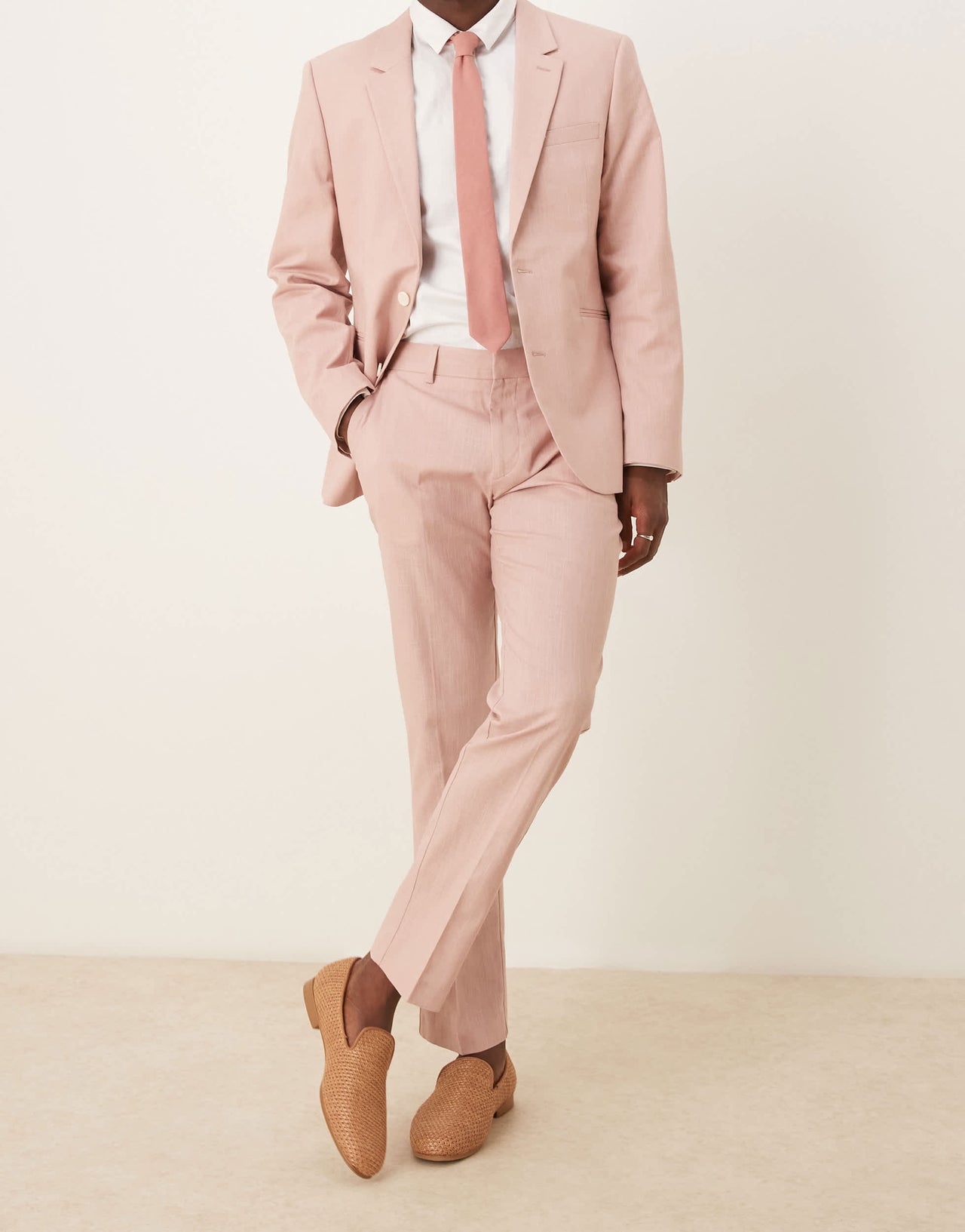 ASOS DESIGN linen look slim suit trousers with front pleat in pink