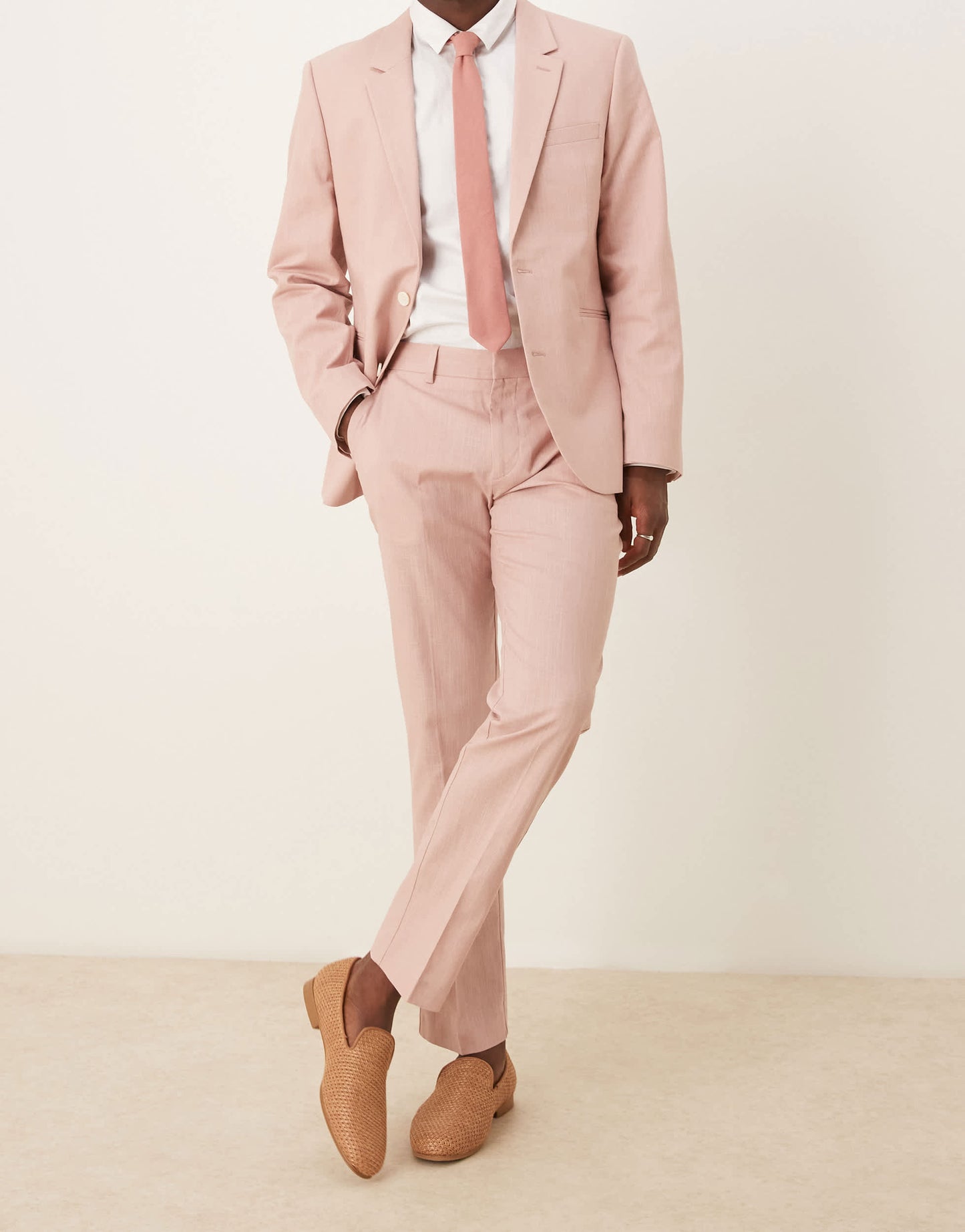ASOS DESIGN linen look slim suit trousers with front pleat in pink