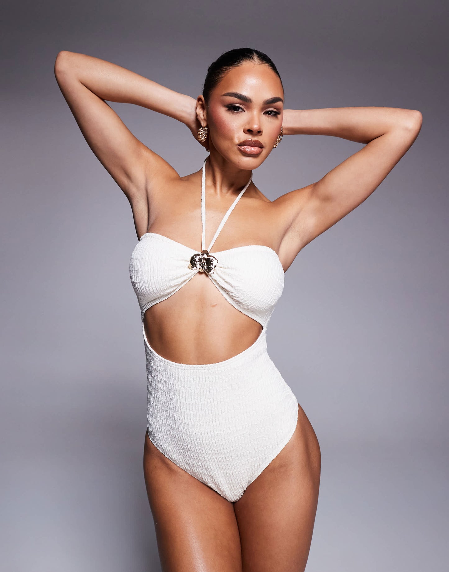 South Beach gold flower detail crinkle swimsuit in cream