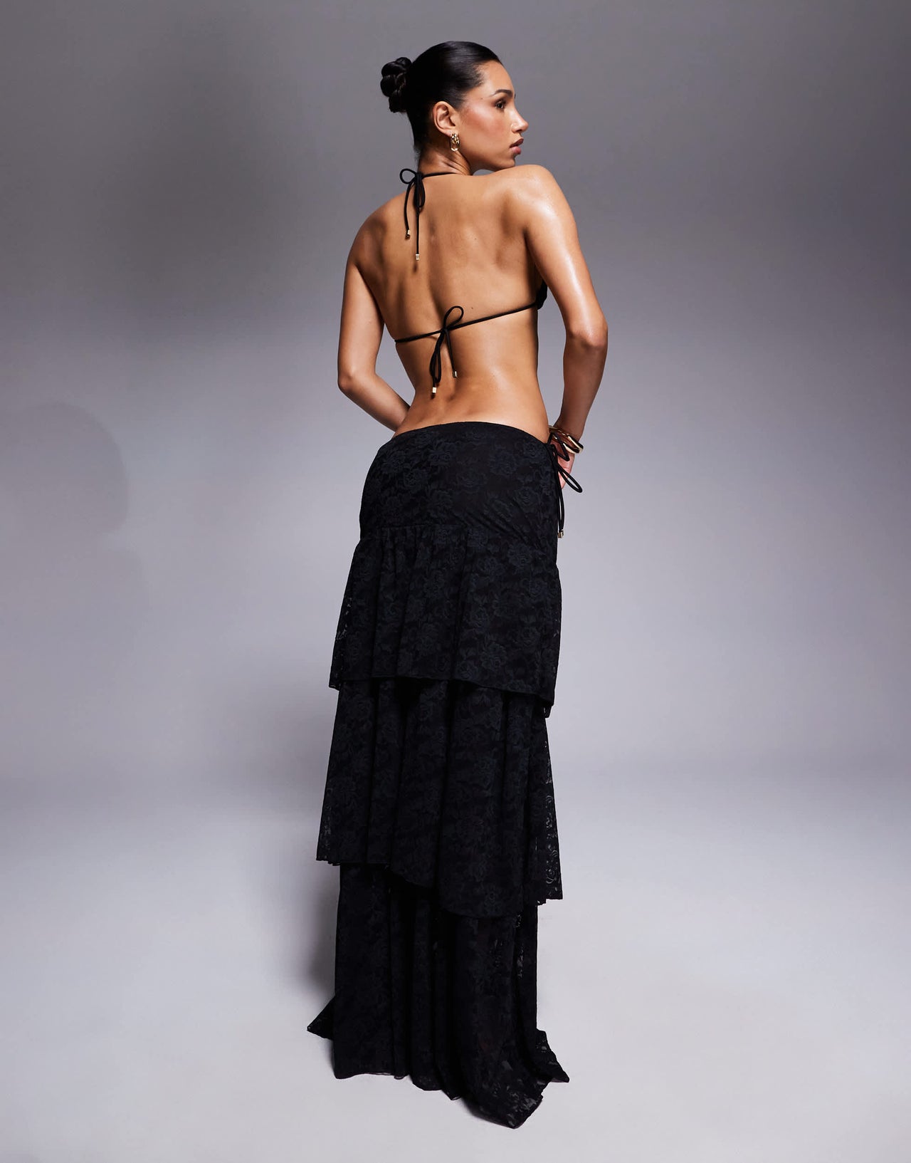 South Beach ruffle lace midi beach skirt in black