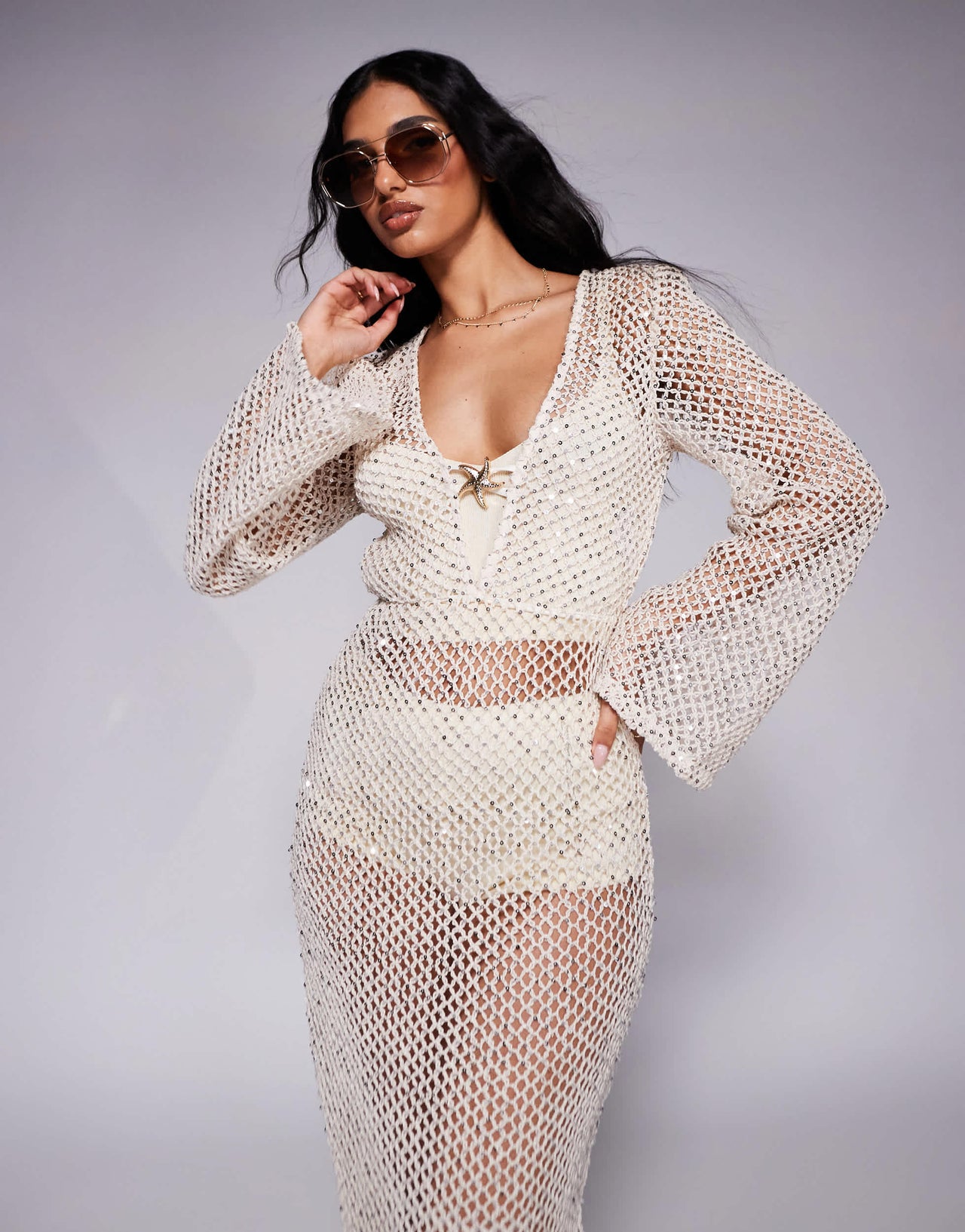 South Beach silver sequin maxi beach dress in cream
