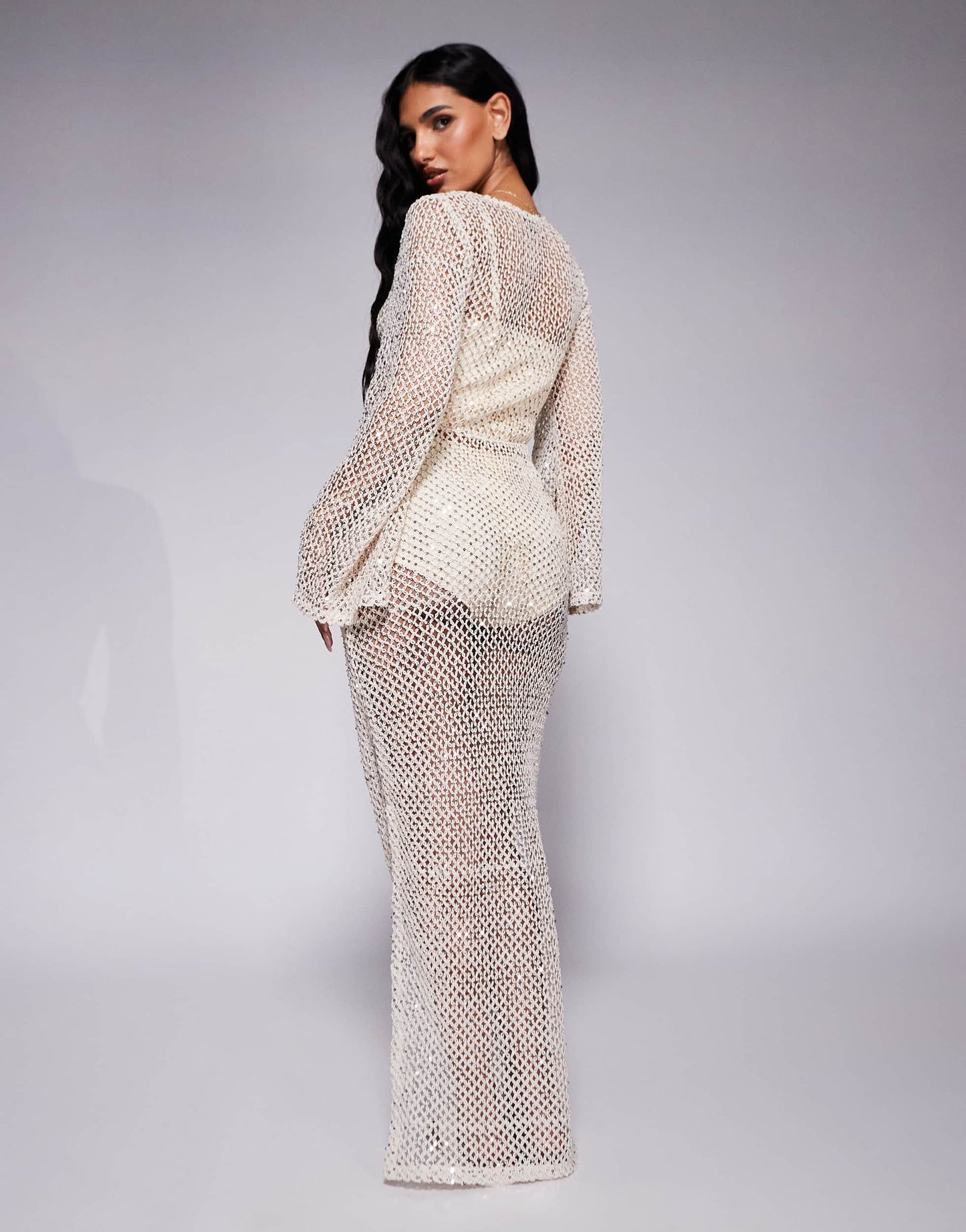 South Beach silver sequin maxi beach dress in cream