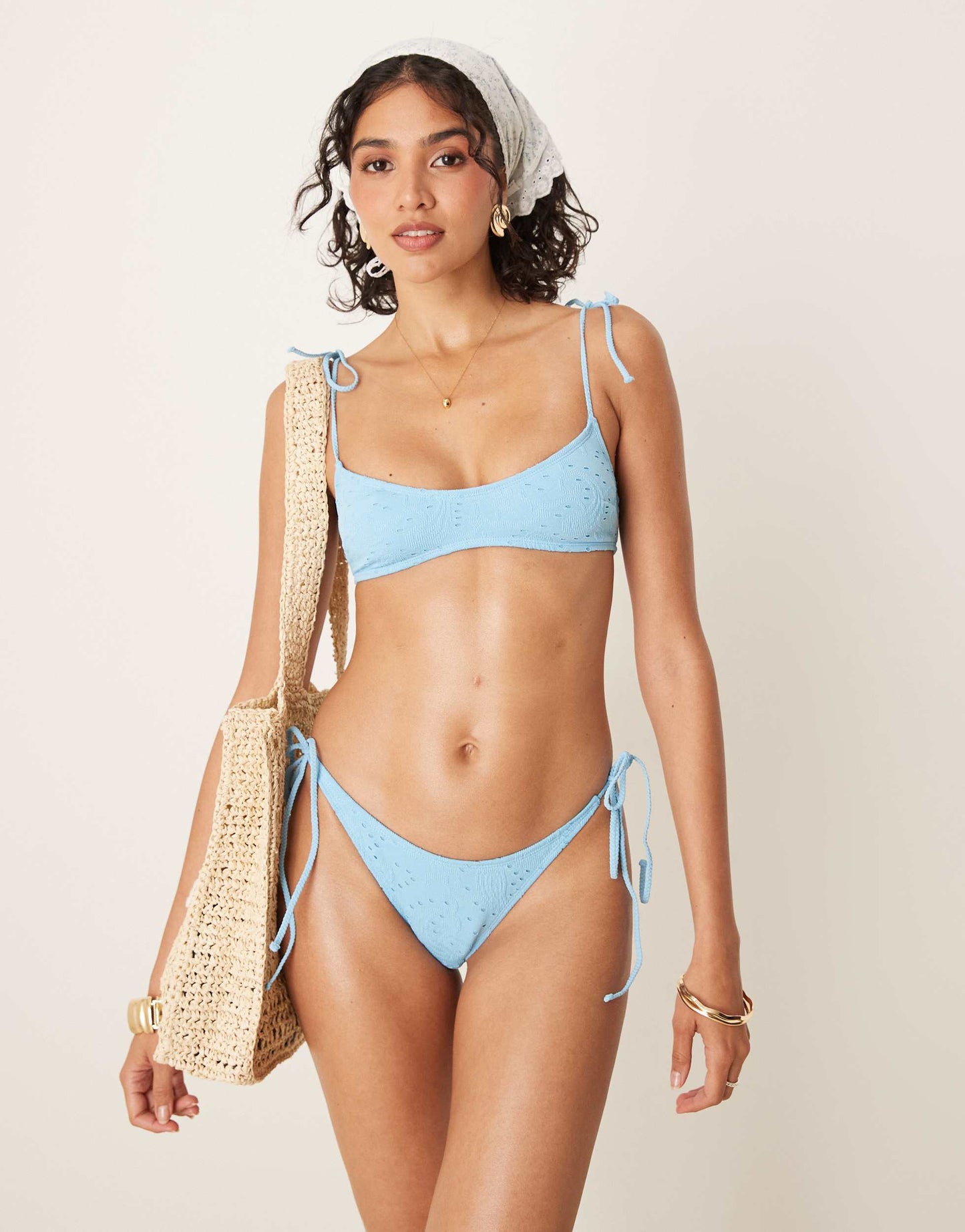 ASOS DESIGN Tia textured paisley crop bikini top in light blue