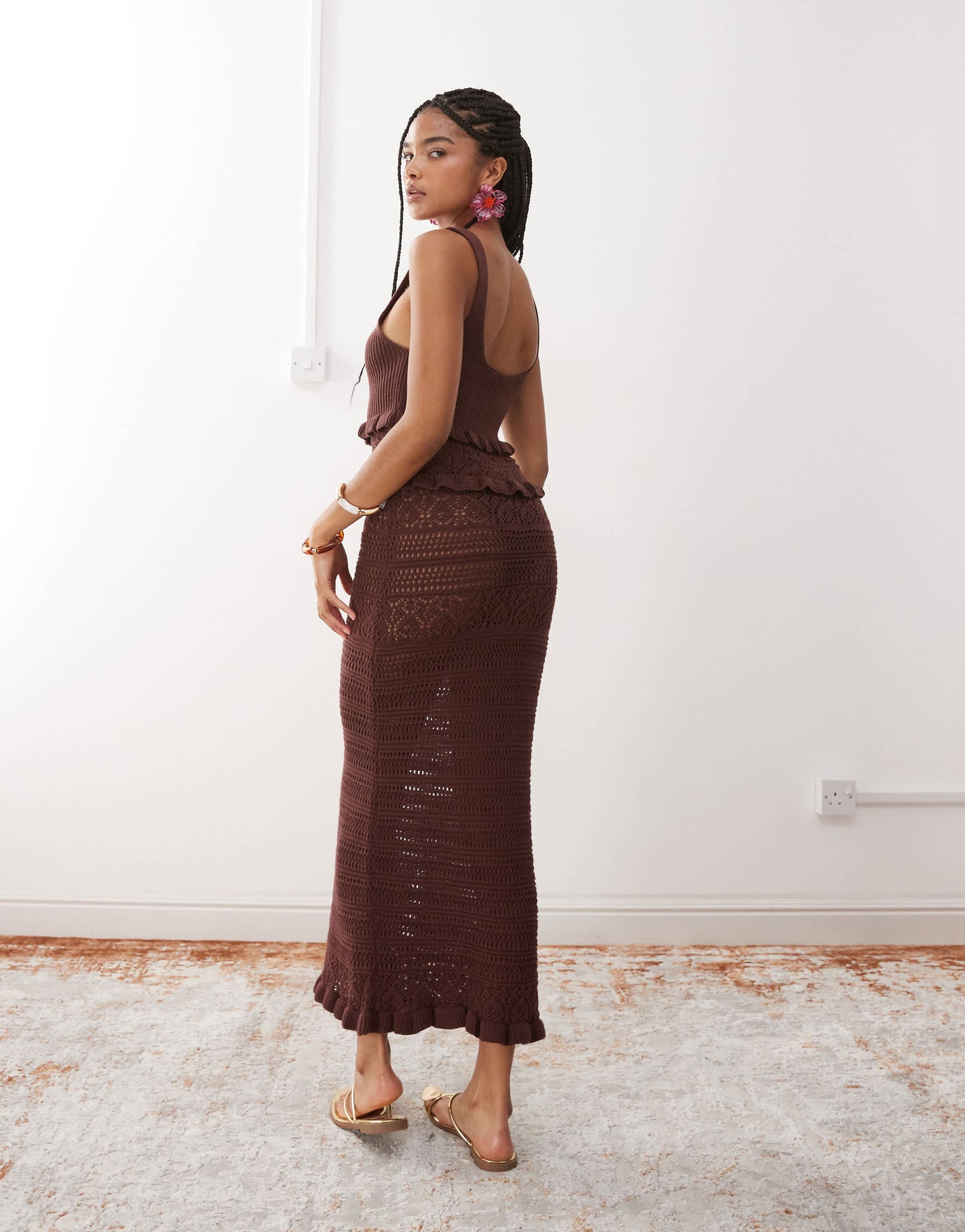 Miss Selfridge frill crochet maxi dress in chocolate