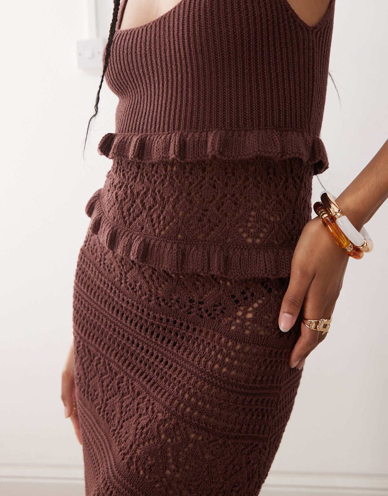 Miss Selfridge frill crochet maxi dress in chocolate