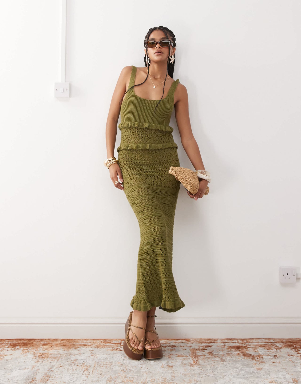Miss Selfridge frill crochet maxi dress in khaki