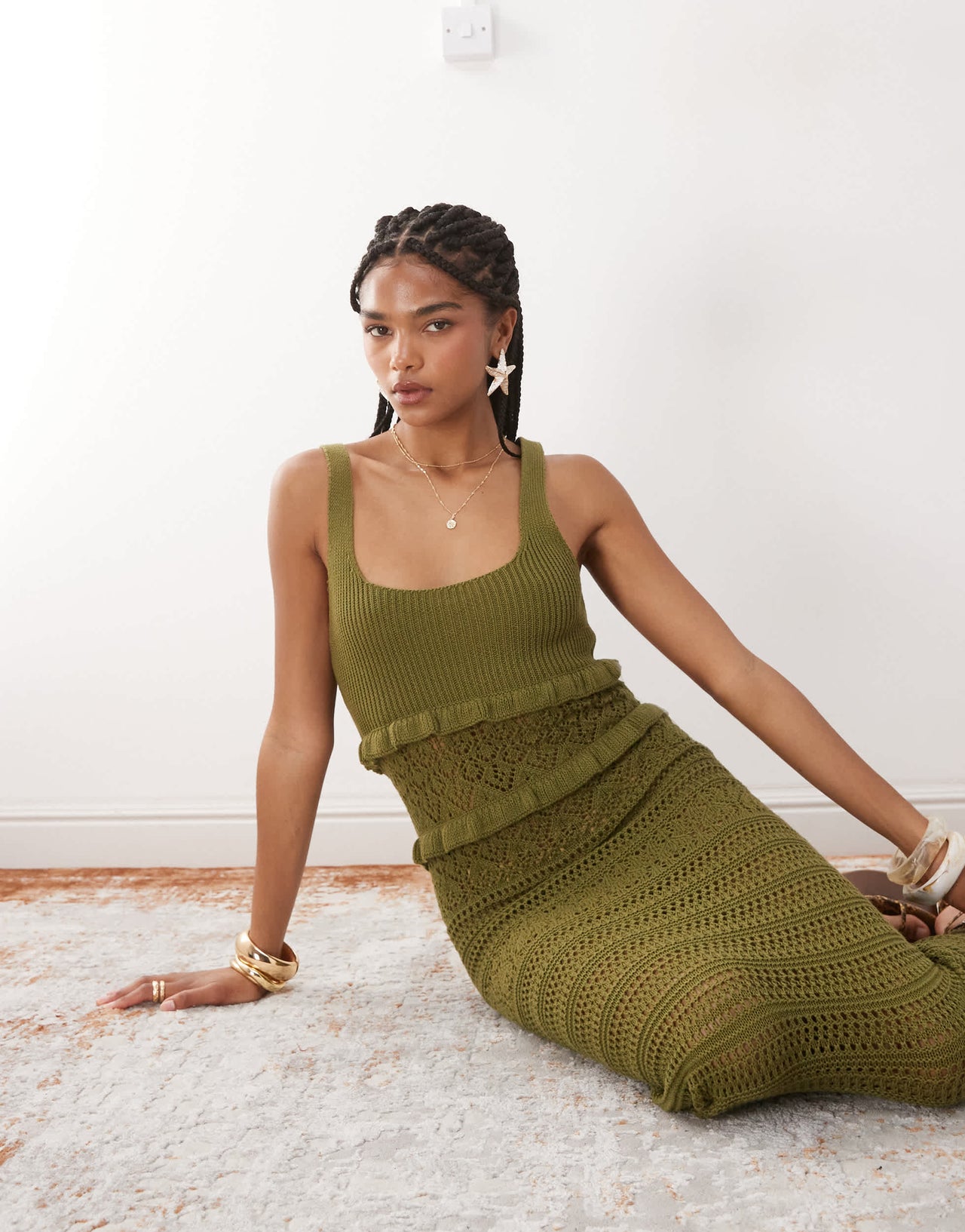 Miss Selfridge frill crochet maxi dress in khaki