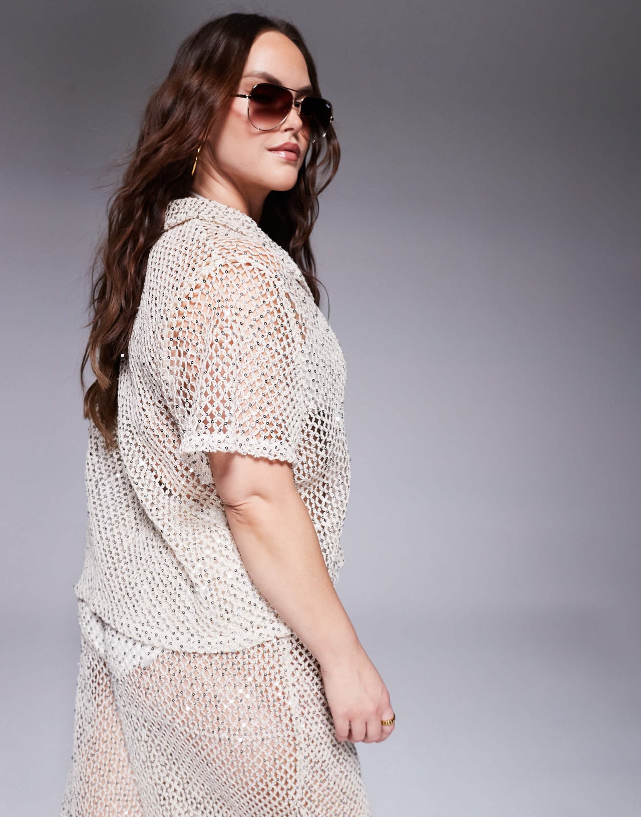 South Beach Curve crochet beach shirt co-ord in cream