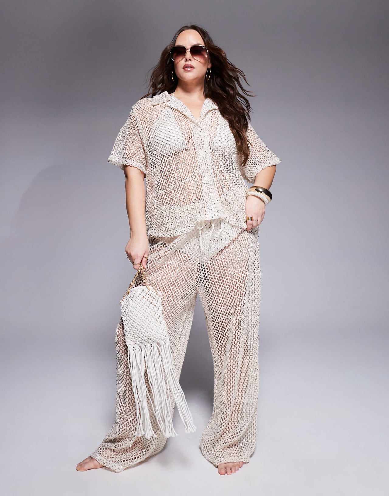 South Beach Curve crochet beach shirt co-ord in cream