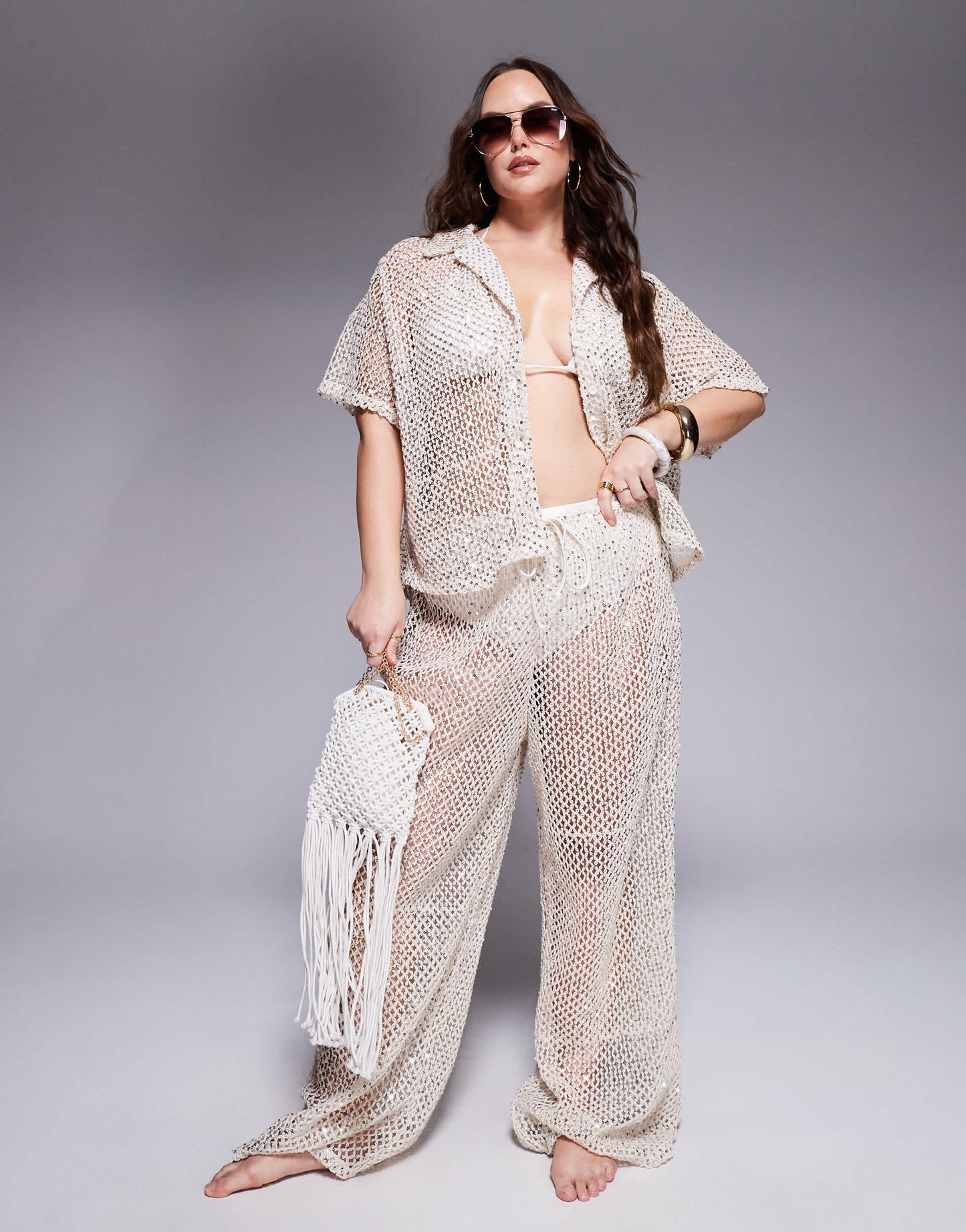 South Beach Curve crochet beach trouser co-ord in cream