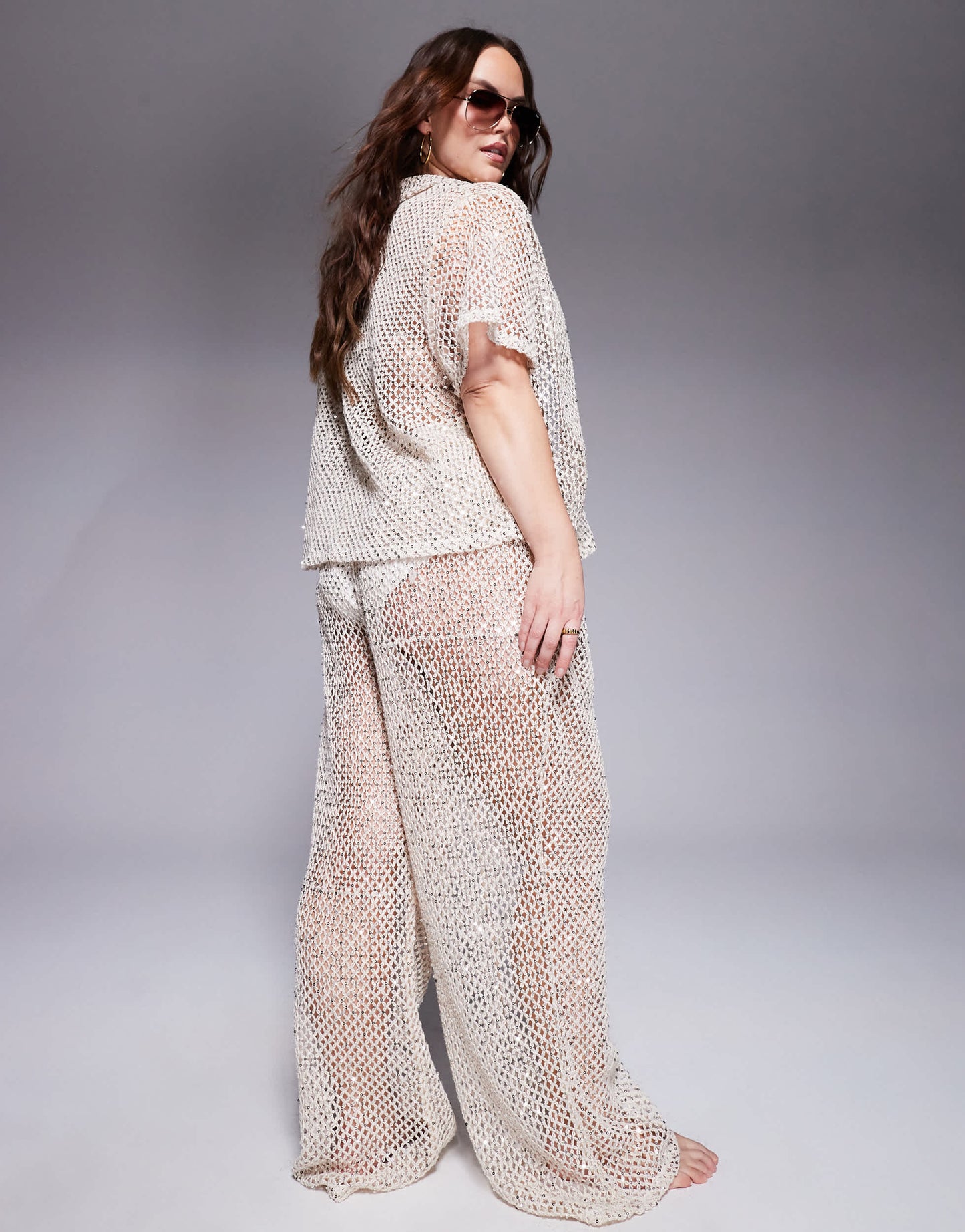 South Beach Curve crochet beach trouser co-ord in cream