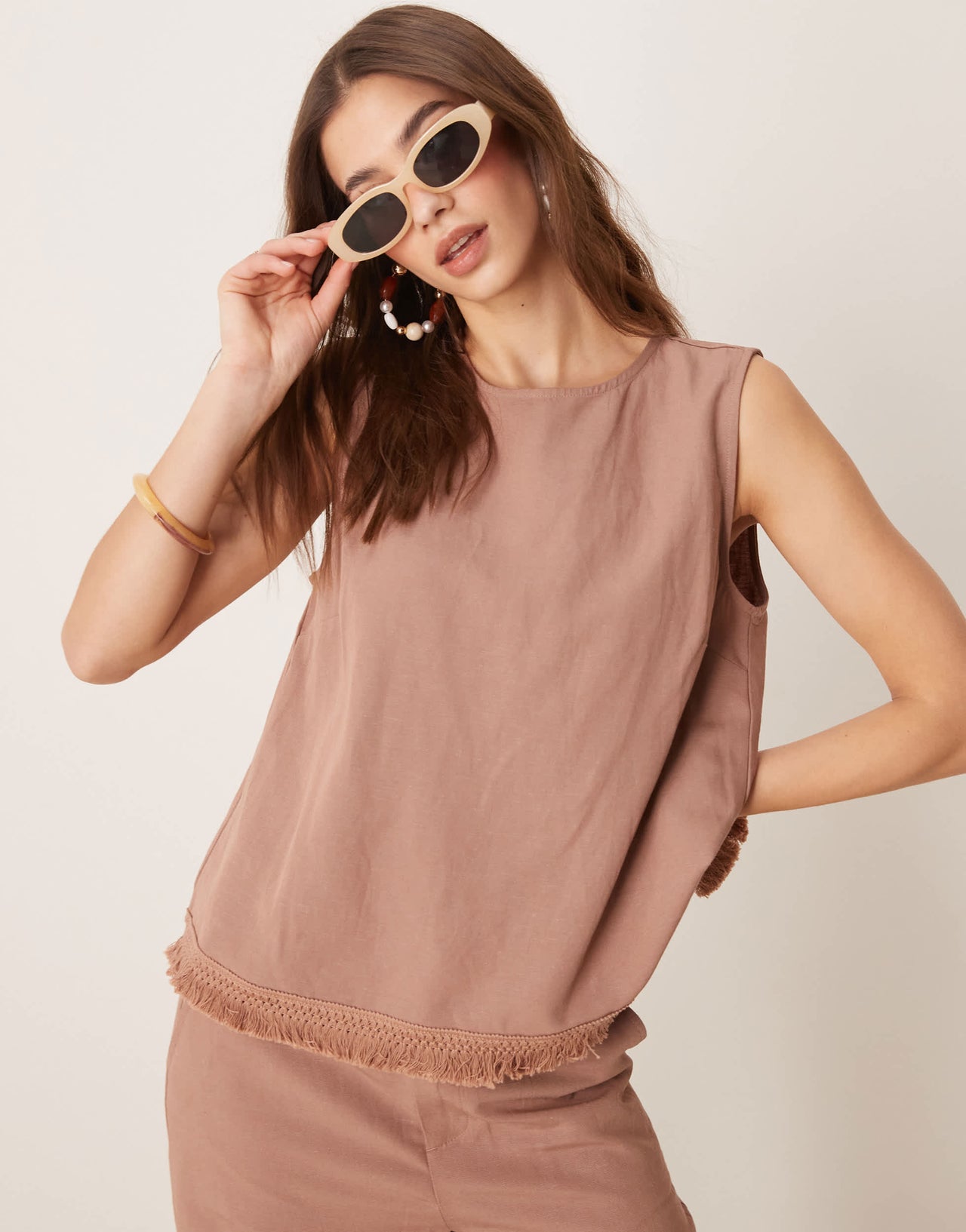 ASOS DESIGN linen blend shell top with with tassel hem  co-ord in mocha