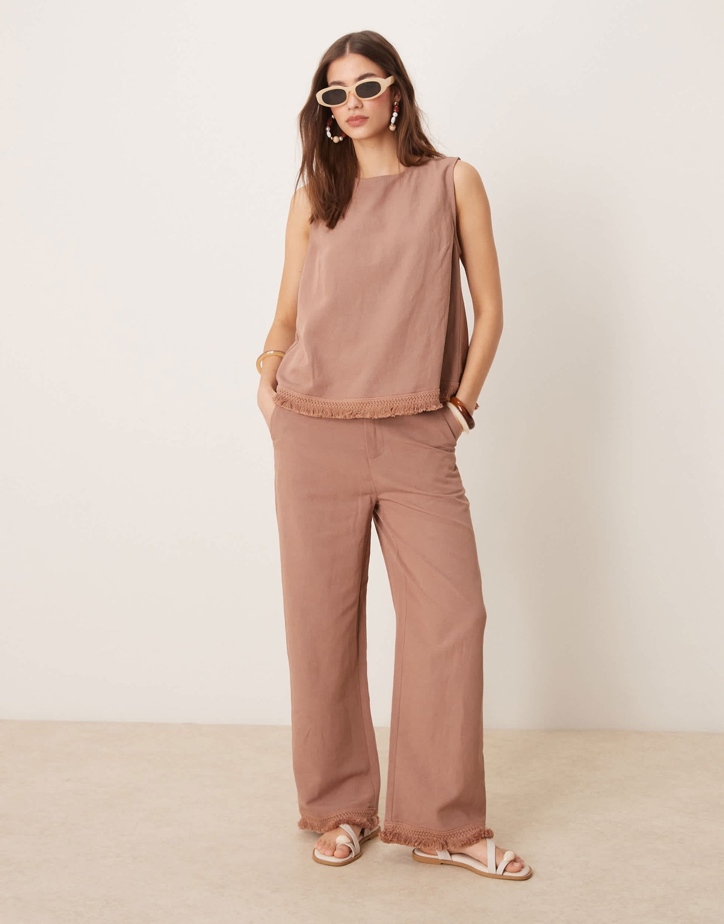ASOS DESIGN linen blend shell top with with tassel hem  co-ord in mocha