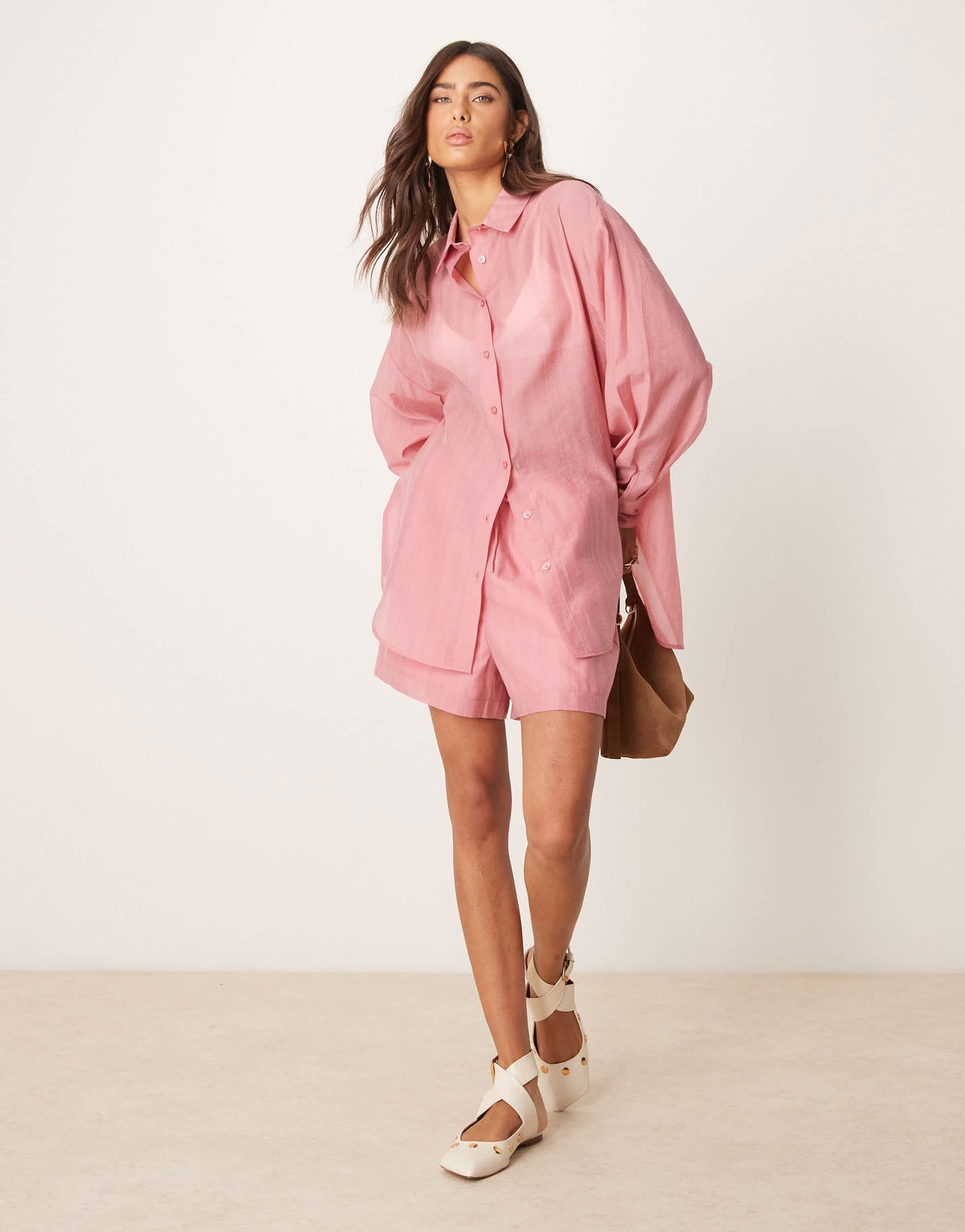 ASOS DESIGN sheer organza shirt with back tie detail co-ord in light pink