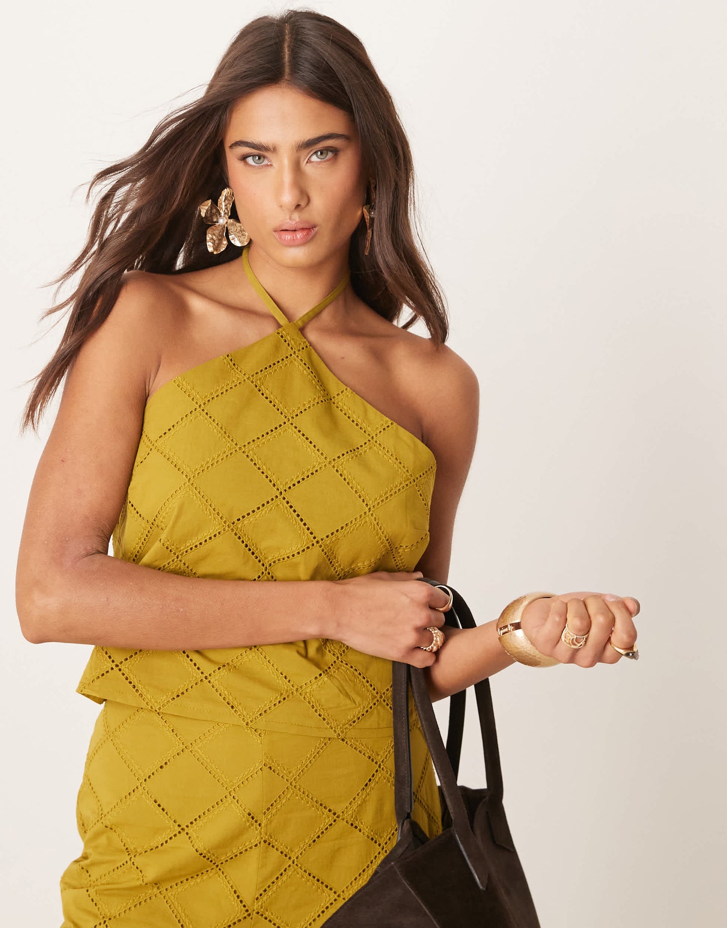 ASOS DESIGN halter neck crop top co-ord with geo cutwork in olive