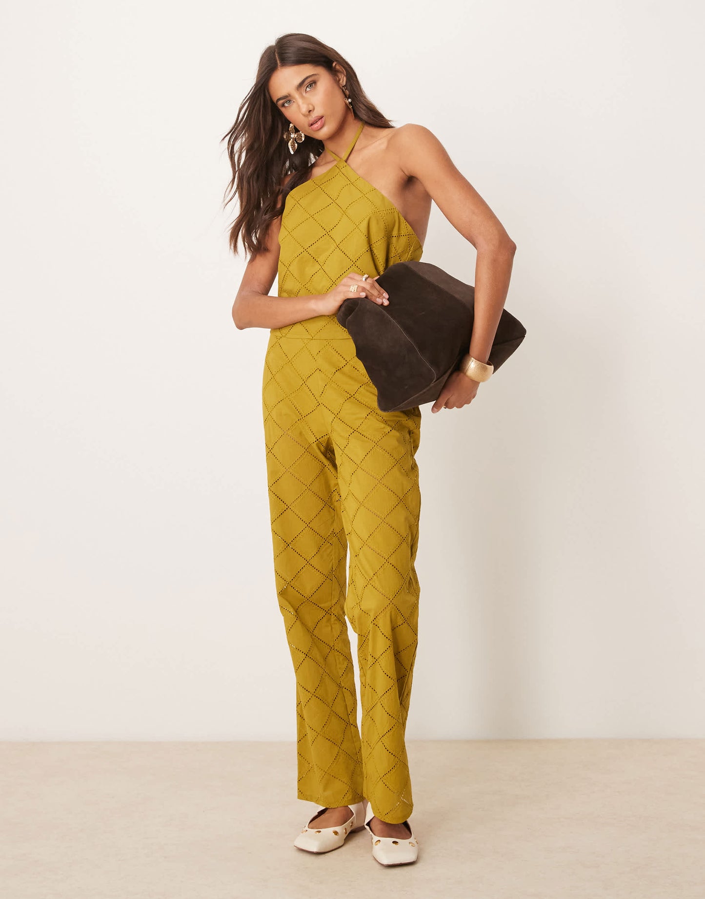 ASOS DESIGN halter neck crop top co-ord with geo cutwork in olive