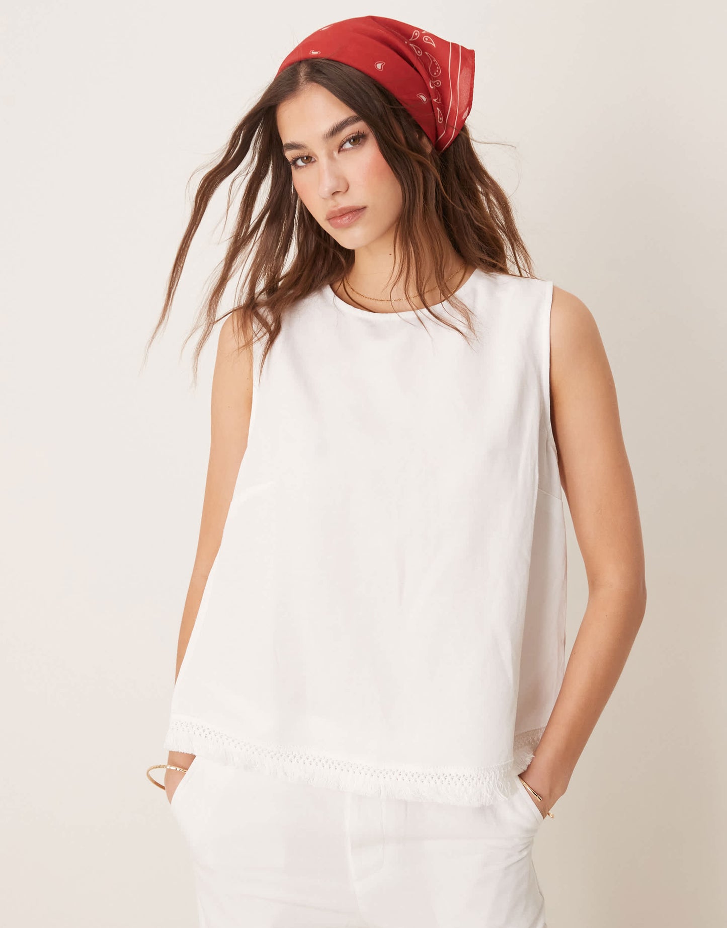 ASOS DESIGN linen blend shell top with with tassel hem co-ord in white