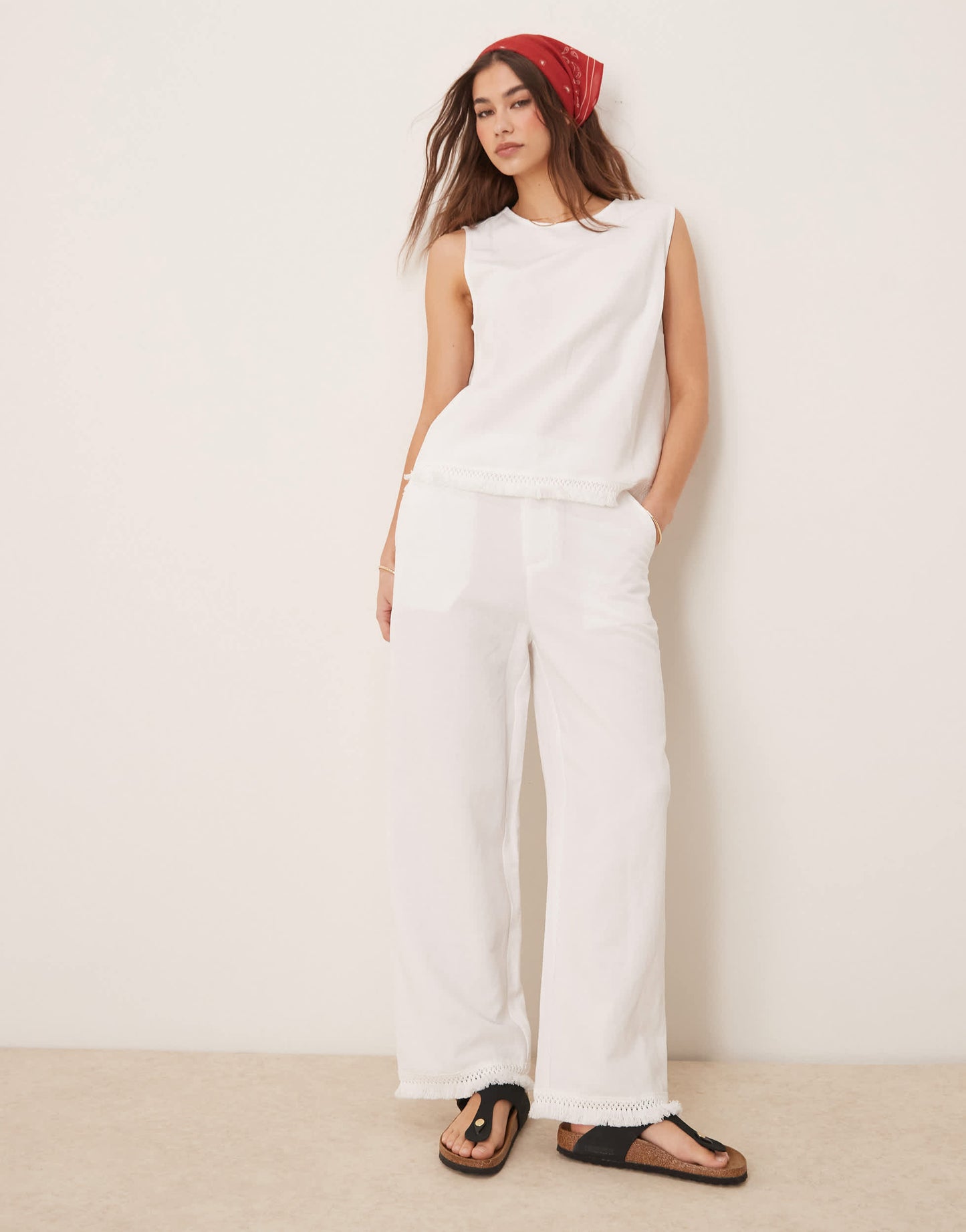 ASOS DESIGN linen blend straight leg trousers with tassel hem co-ord in white