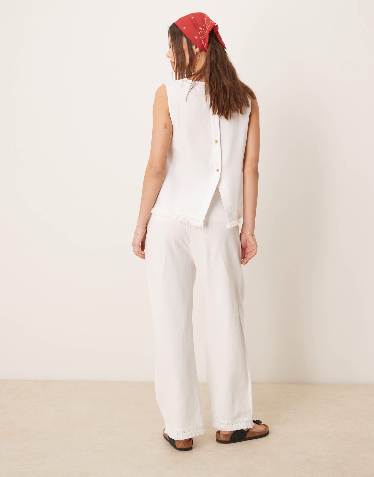 ASOS DESIGN linen blend straight leg trousers with tassel hem co-ord in white