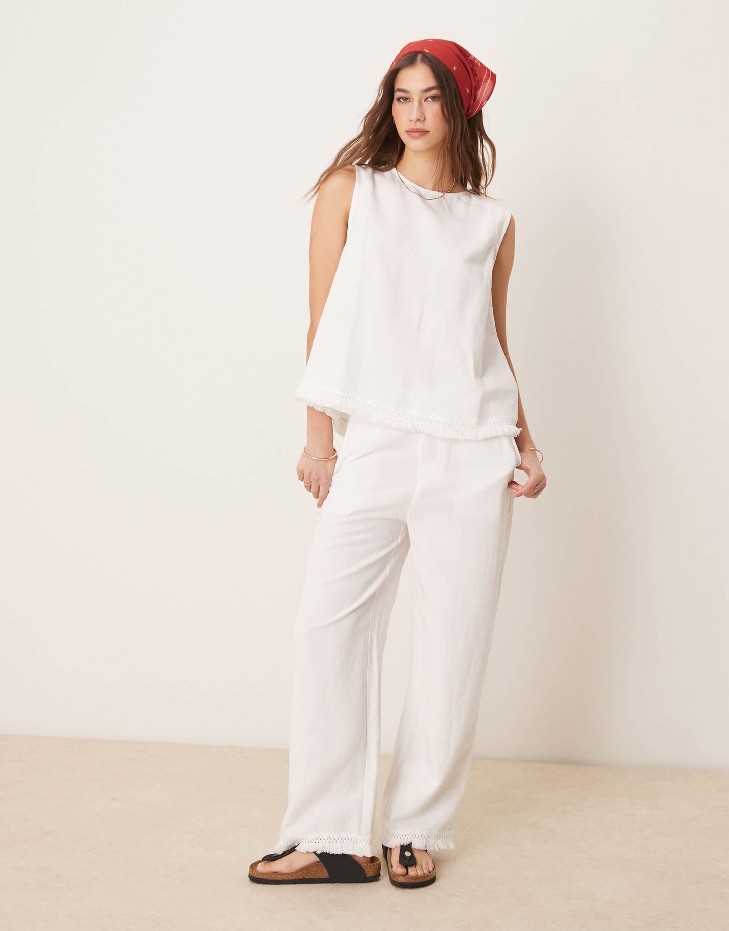 ASOS DESIGN linen blend straight leg trousers with tassel hem co-ord in white