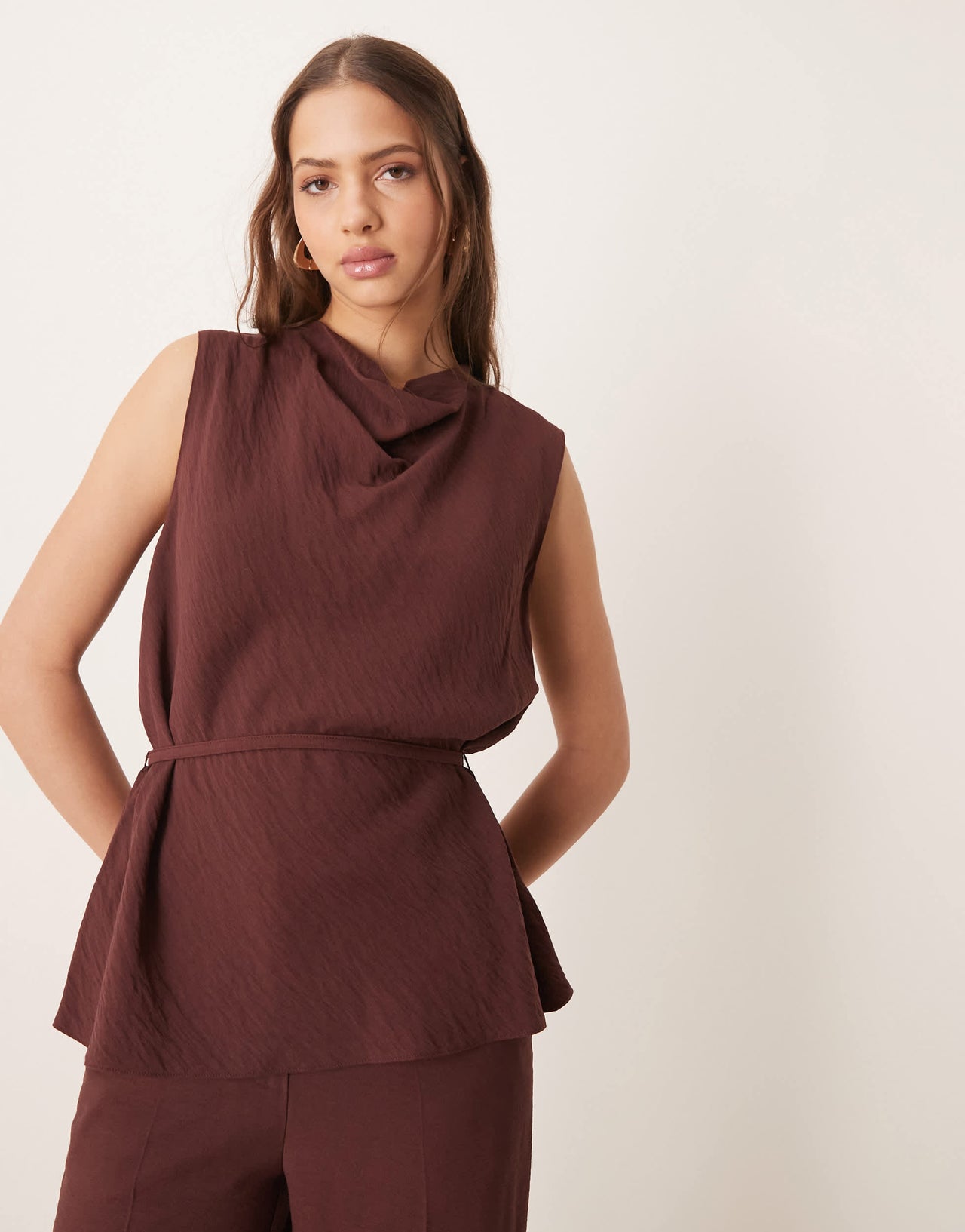 ASOS DESIGN tailored draped top with skinny belt co-ord in chocolate