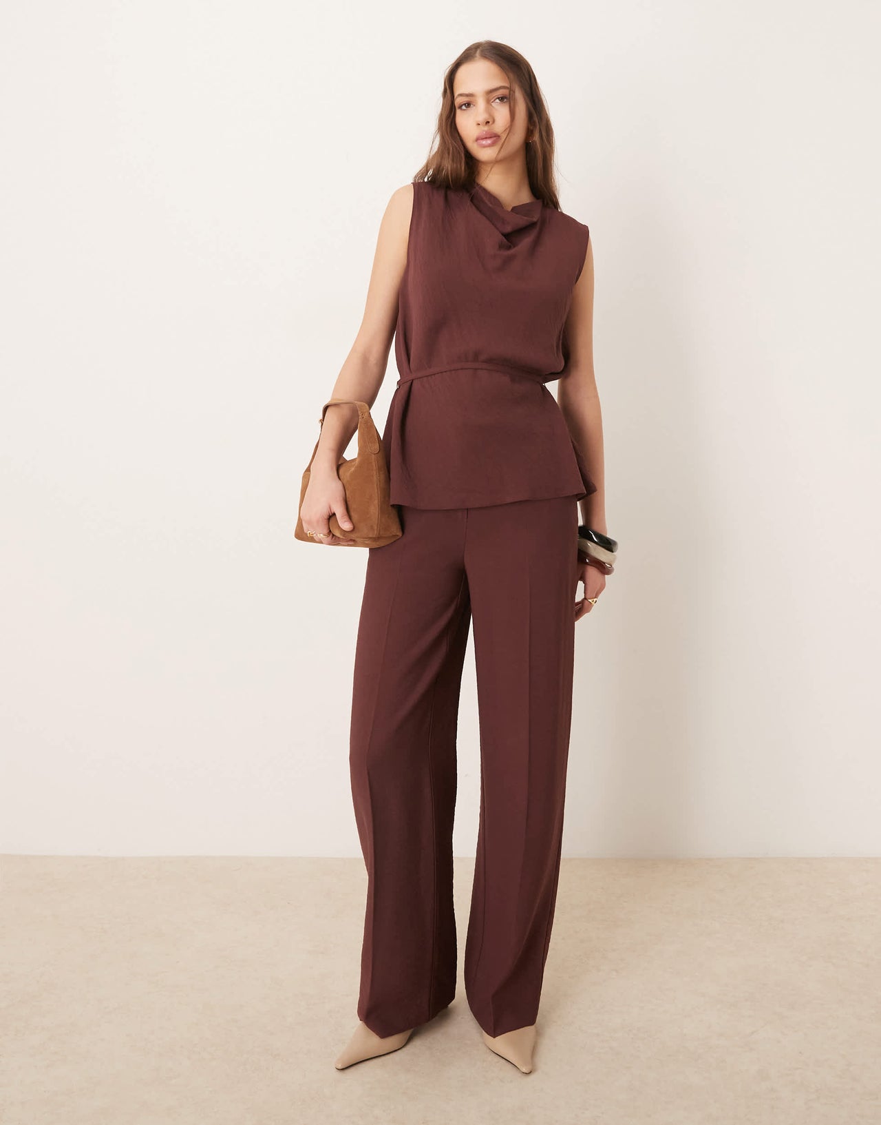 ASOS DESIGN tailored draped top with skinny belt co-ord in chocolate